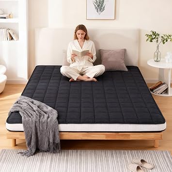 Welnow Japanese Futon Floor Mattress, Twin Size Thick Tatami Mat Portable & Foldable Roll Up Floor Bed Mattress with Storage Bag, Sleeping Pad for Adults, Dorm, Guest Bed, Camping and Travel, Black
