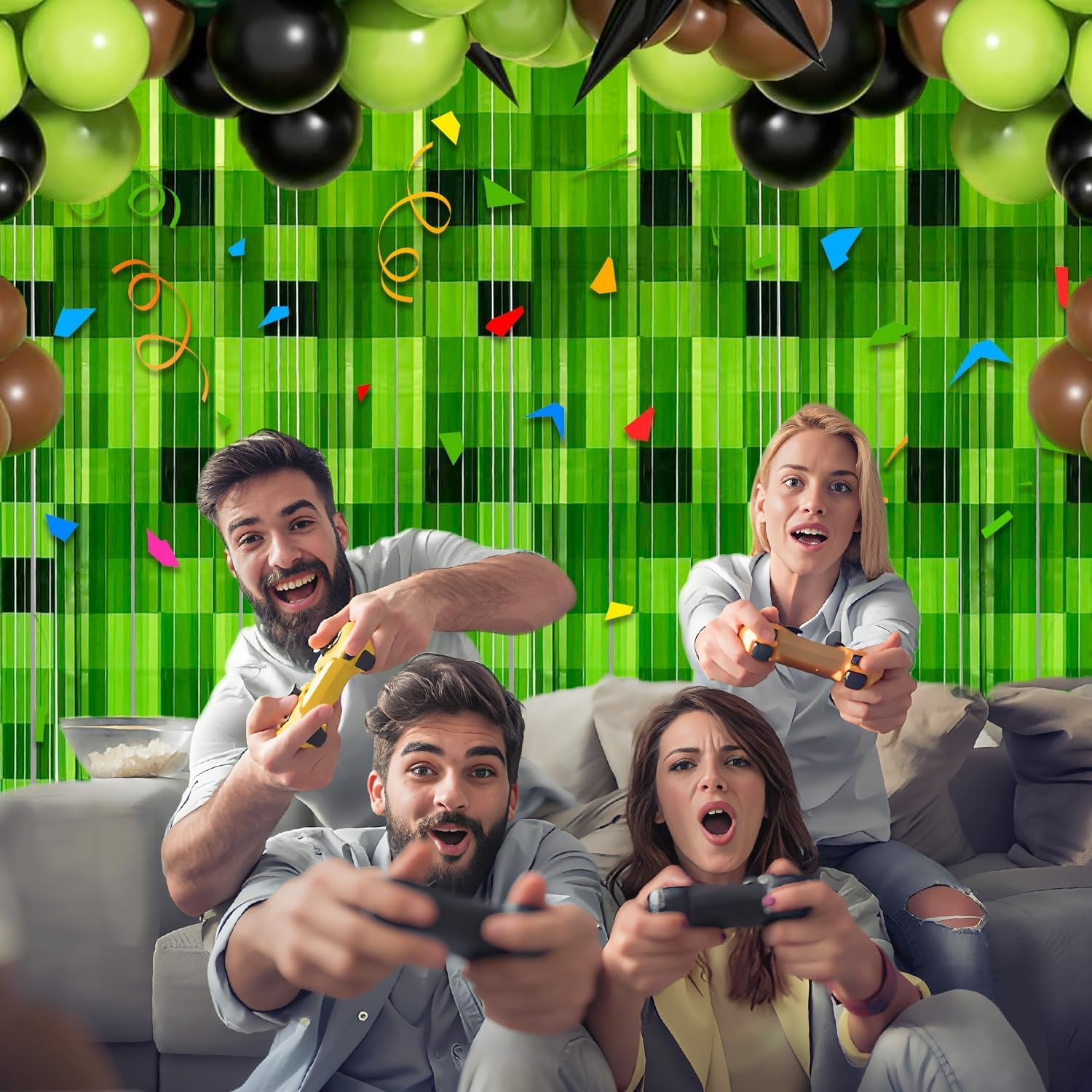 6 Pack Green Foil Fringe Curtains Pixel Birthday Backdrop, 3.2x6.6ft Video Game Door Streamers for Boys Gaming Birthday Party Decorations Supplies Favors