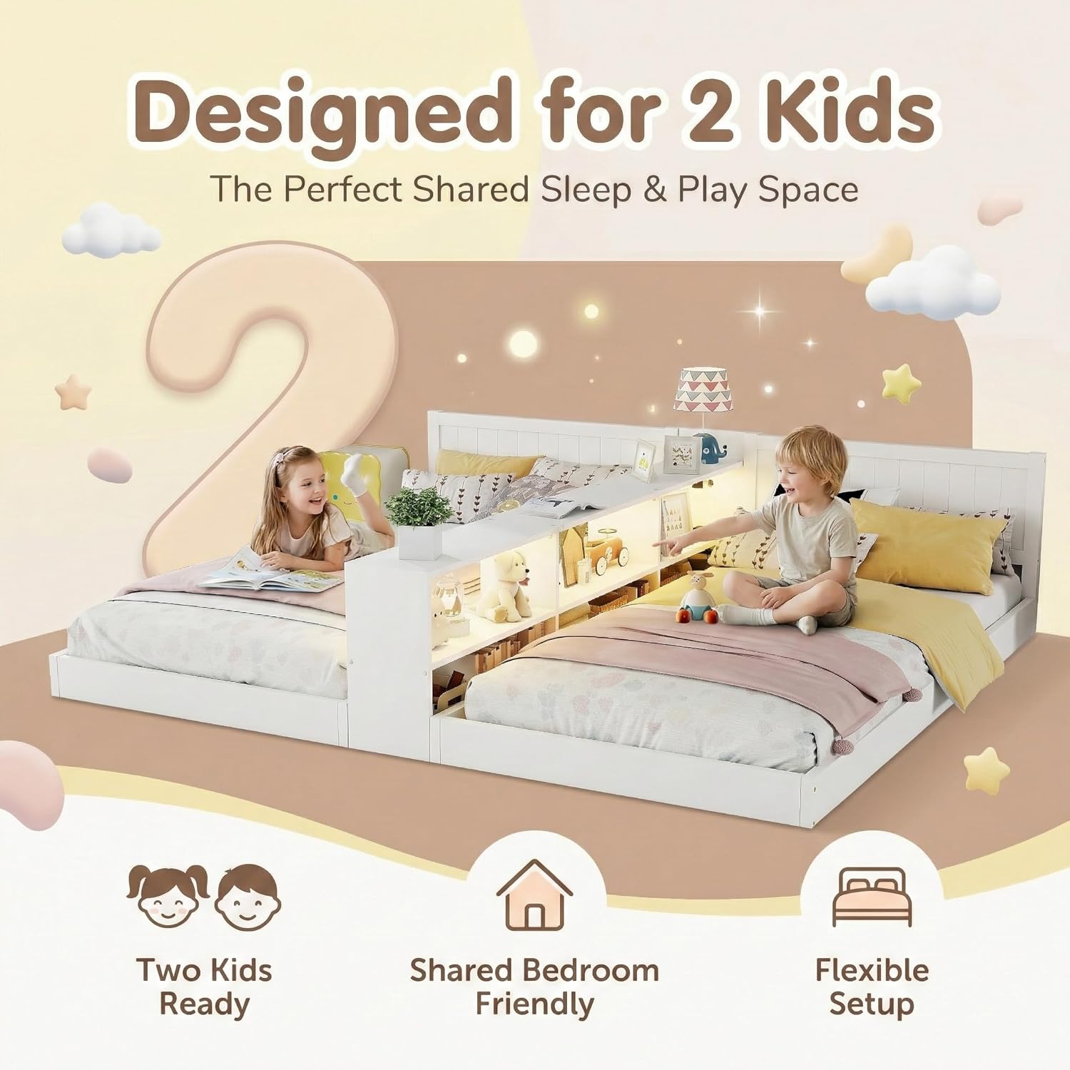 Double Twin Kids Bed Frame with Storage, Convertible Floor Bed for 2 Kids, Solid Wood Montessori Bed with LED Light & Charging Station, Siblings Shared Room (White)