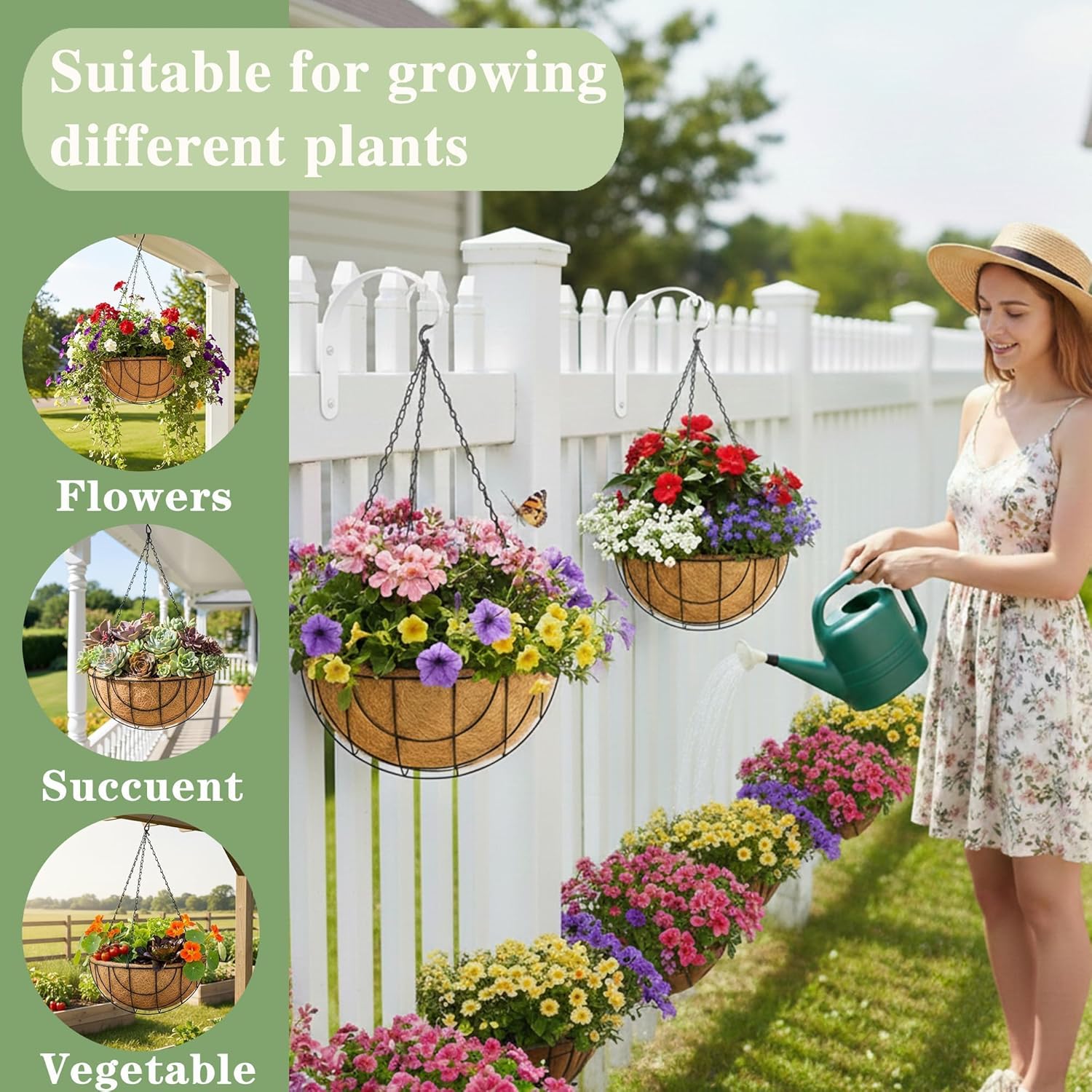 EIMQUVW Outdoor Metal Hanging Planters Basket (4pack, 12 inch) Hanging Baskets for Plants Chain Round Wire Plant Holder with Coco Fiber Liners for Garden, Patio, Deck, Porch(Grid)