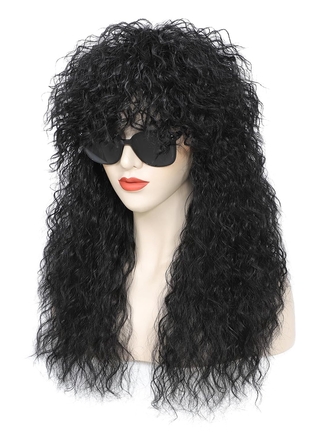 Heavy metal rock wig with voluminous curls — perfect for Halloween costumes, 1980s-themed parties, and cosplay (Black)