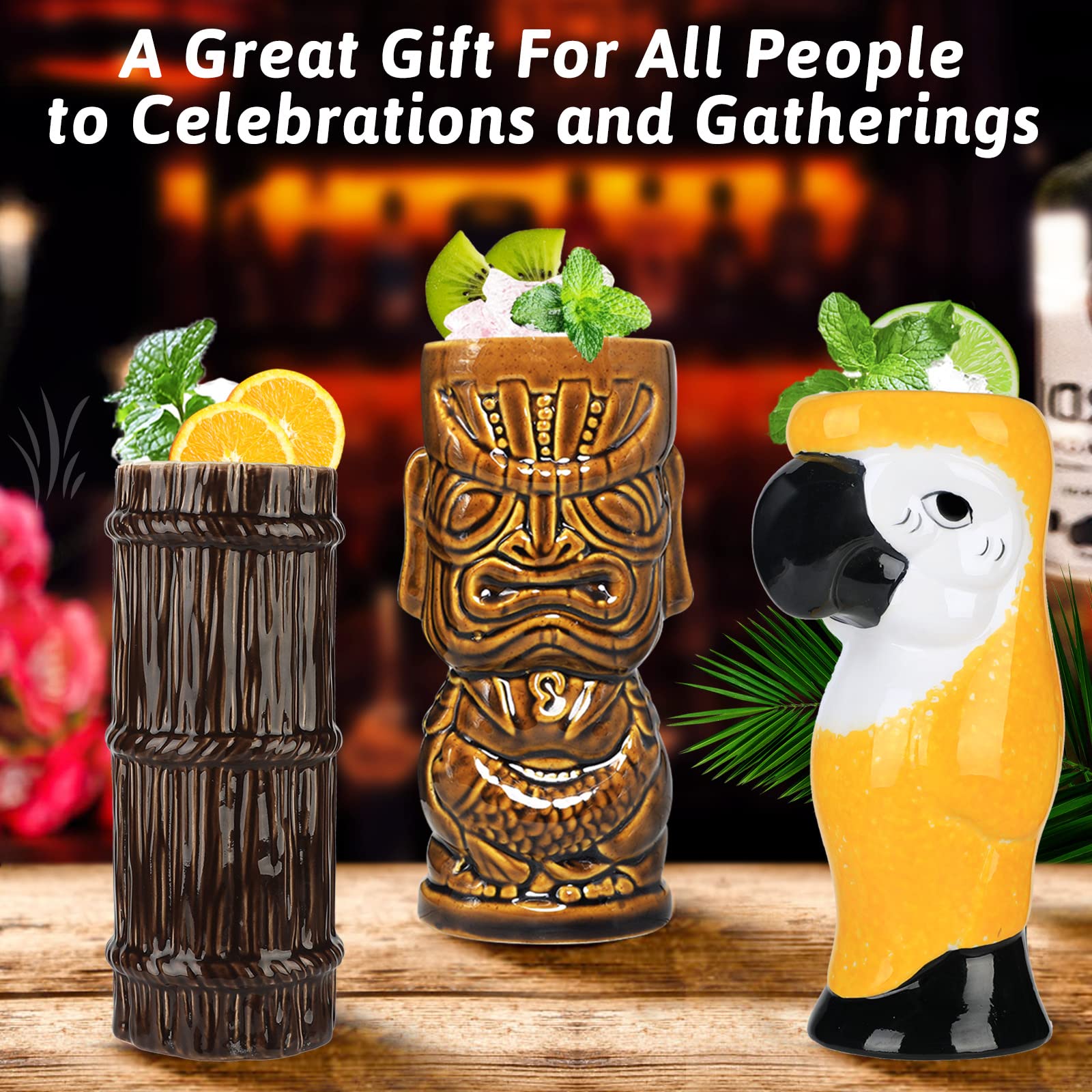 SuproBarware Tiki-Becher-Set, 8-teiliges Cocktailgläser-Set Bunte Keramik-Cocktailbecher Hawaiianische Party-Dekoration für exotische Partys