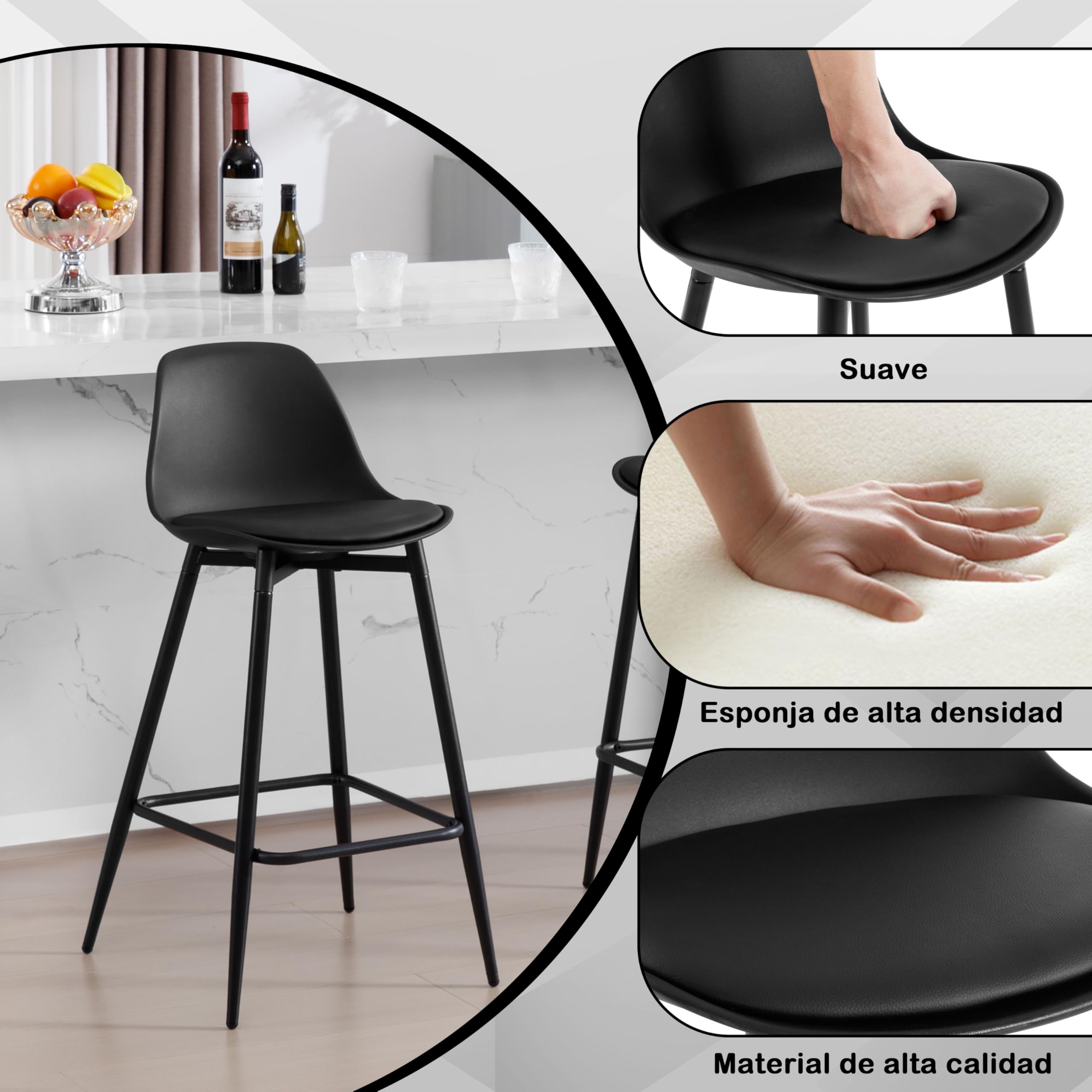 Taburete Bar con Respaldo Asiento en PP, Negro | para Comedor, Salón y Cafetería