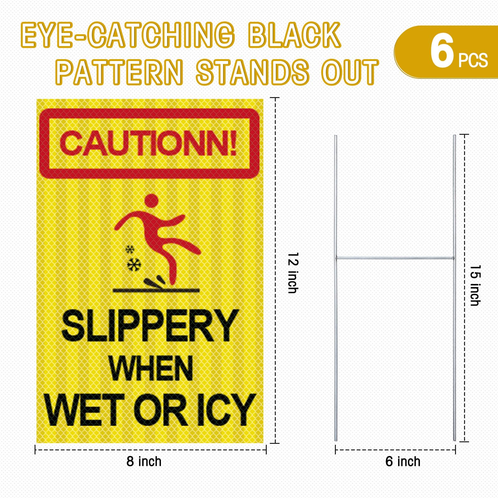 Yaocom Reflective 6 Pcs Caution Slippery When Wet or Icy Sign 8 x 12 Double Sided Wet Floor Sign Caution Ice Sign with Stakes Warning Signs for Street Lawn Yard Road Visual Signal(Yellow)