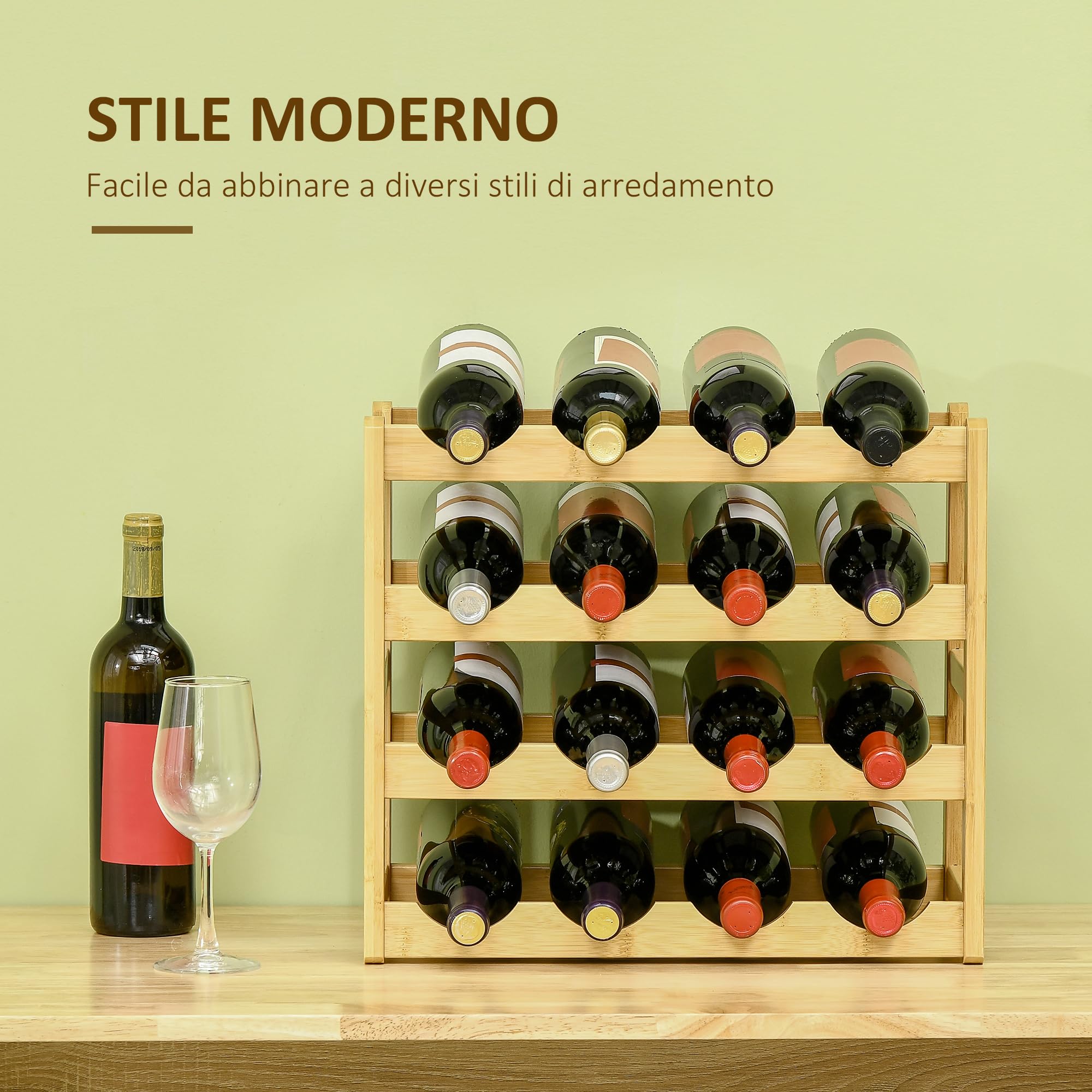 HOMCOM Scaffale Portabottiglie Vino a 4 Livelli per 16 Bottiglie, Cantinetta in Bambù per Cucina e Soggiorno, 43x23.5x38cm