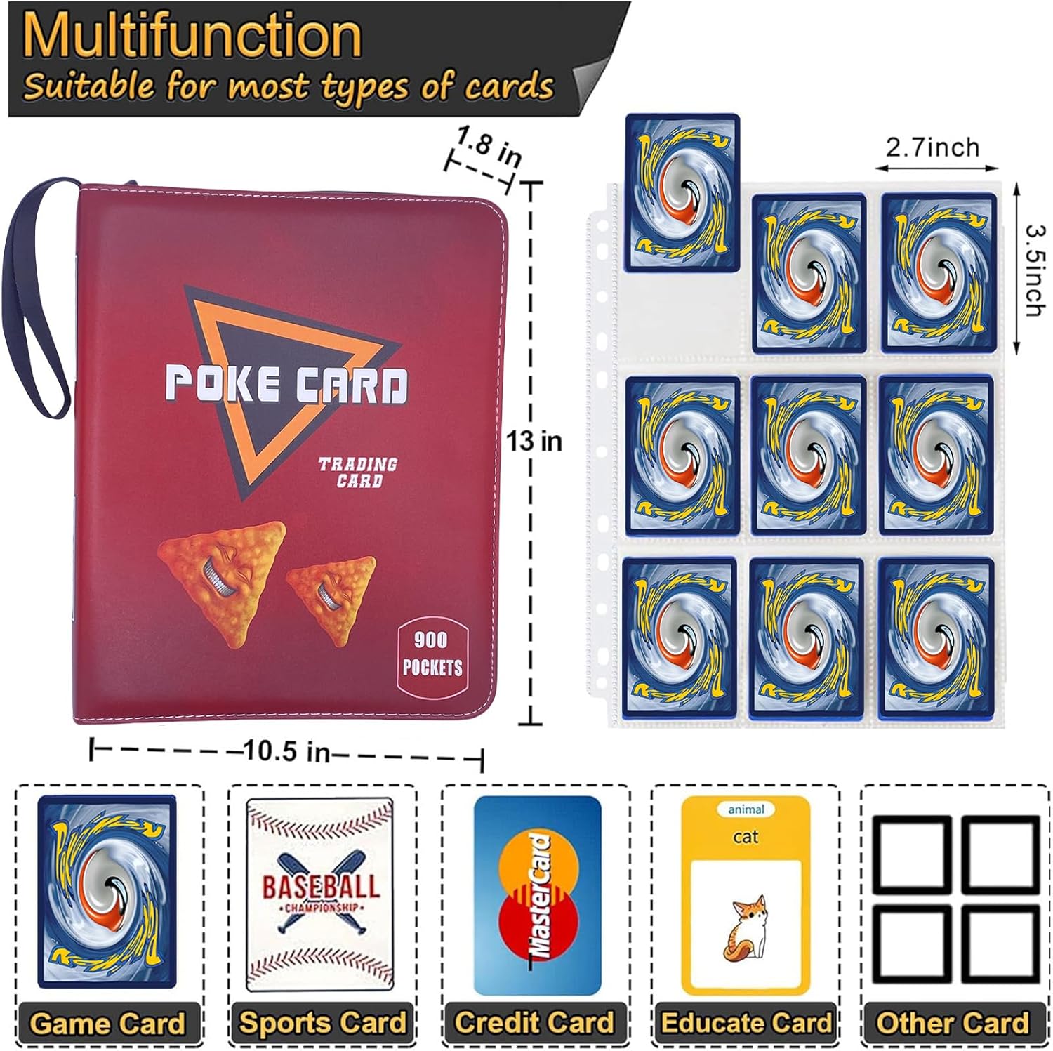 Trading Card Binder Album, 900 Pockets, 50 Removable Sleeves, 3-Ring Zipper, 9-Pocket Pages (Red 900)