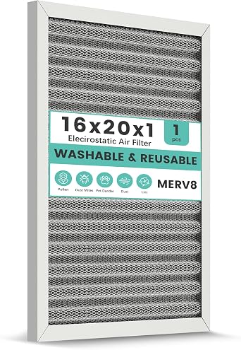 16x20x1 Reusable Air Filter, Washable, Electrostatic HVAC AC Furnace Filter, Merv 8, Lasts a Lifetime, Breathe Safe at Home or in the Office Actual Size15.5x19.75x0.8 Inch