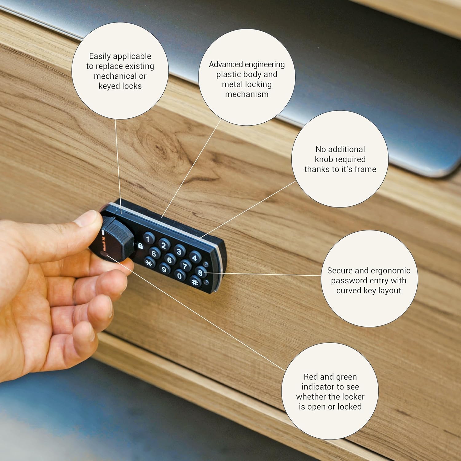 miniK10 Standard Electronic Cabinet Lock – 12-Button Keypad, 10-Year Battery Life, IP54 Waterproof Rating, Compact Design, Surface & Flush Mount, Black/White, Knob on The Left