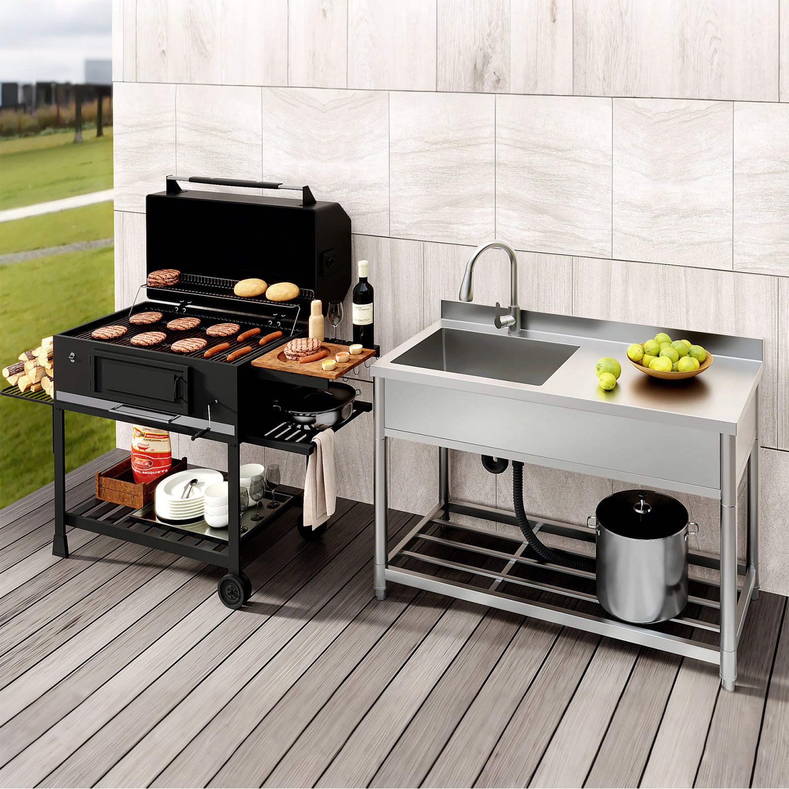 Freistehende Edelstahl Spültisch Gastro mit Werkbank, Gewerbliche Küchenspüle mit Ausziehbarem Wasserhahn, Outdoor Spüle für Küche Garage Waschküche Restaurant, 55T x 120B x 94H cm