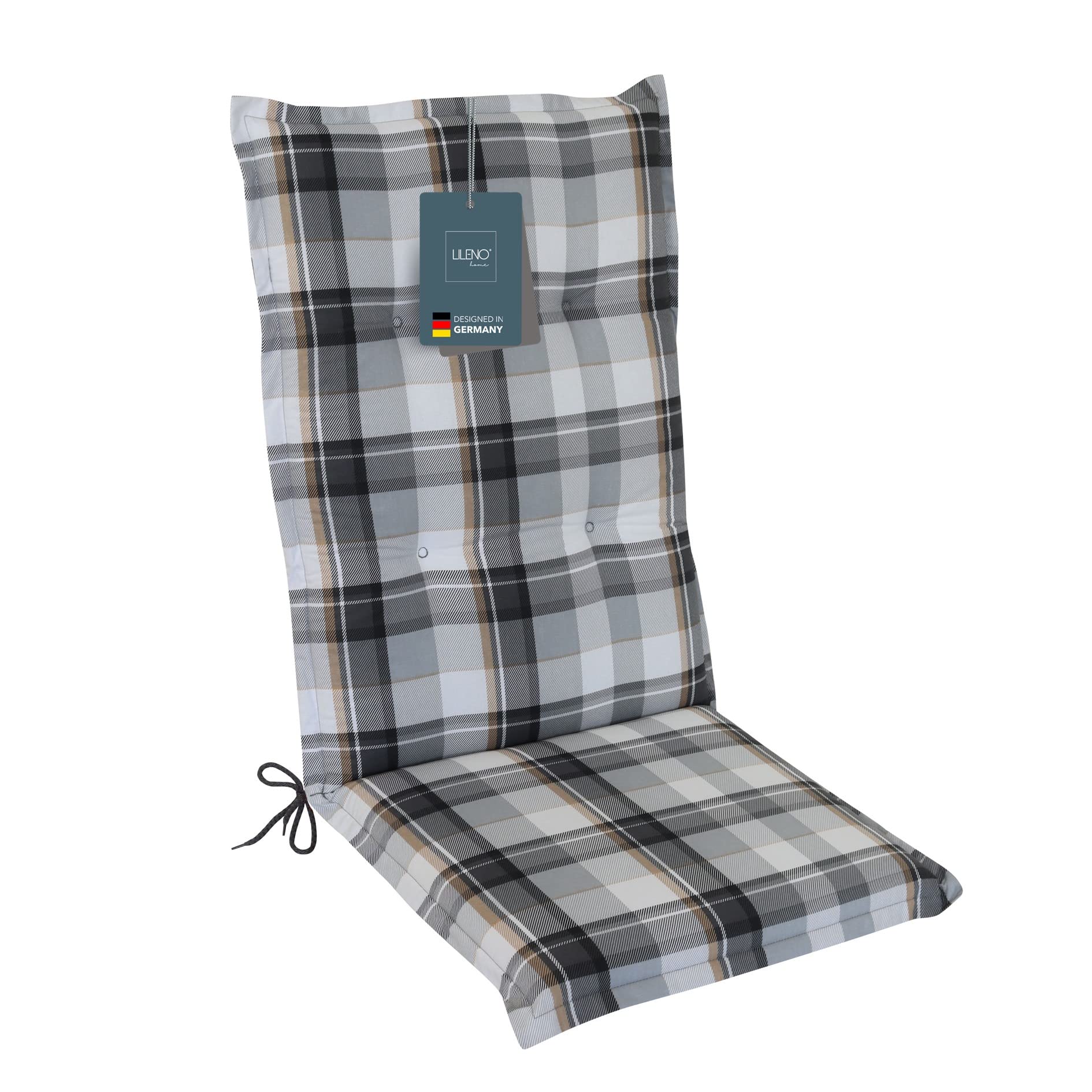 LILENO HOME Garden Chair Cushions in Checked Grey [Set of 1 - High-Back] - Comfortable Loungers as Seat Cushions for Garden Furniture - Chair Cushion for Garden Chairs and Folding Chairs — image 1