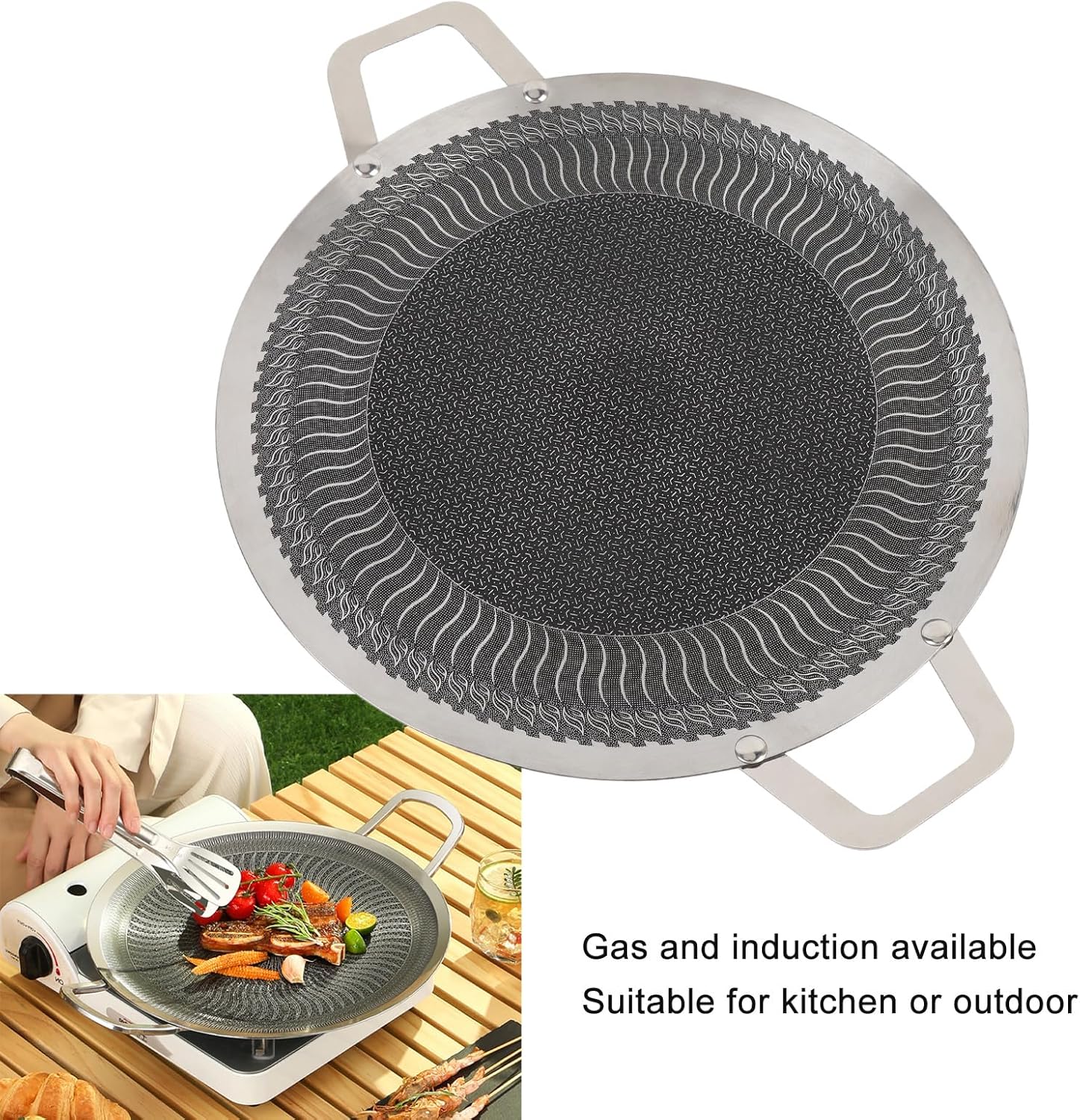 Korean Grill Pan,Camping Griddle Pan For Stove Top,Korean No Stick Circular Frying Cooktop,Stainless Steel Nonstick Double Handle Round BBQ Griddle for Outdoor Camping (38cm)