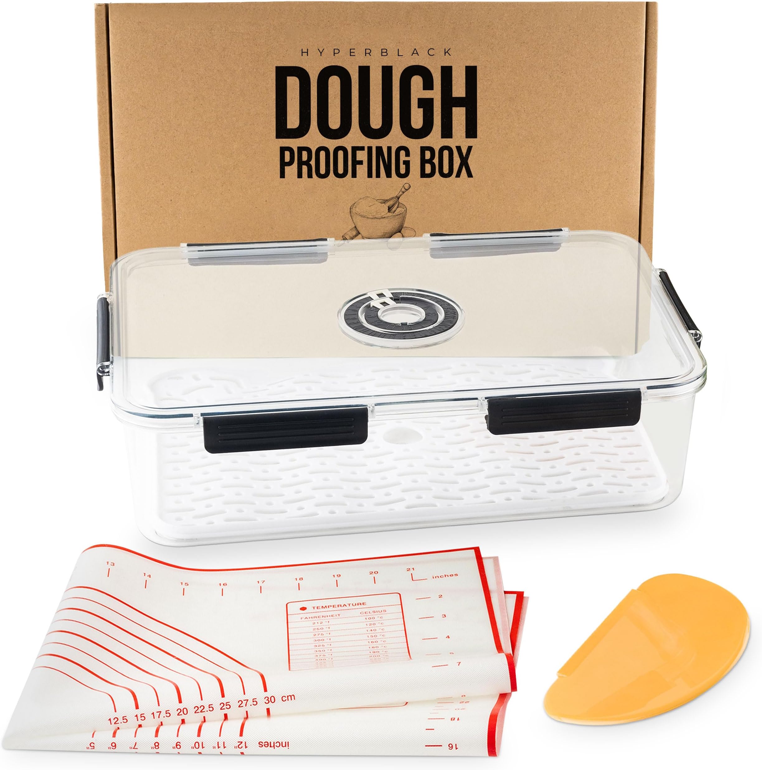 Hyperblack Pizza Dough Proofing Box with Built-in Timer - Durable 13.7 x 9.44 Inches Pizza Dough Container with Dough Scraper, and Pastry Mat for Home Kitchen Restaurant