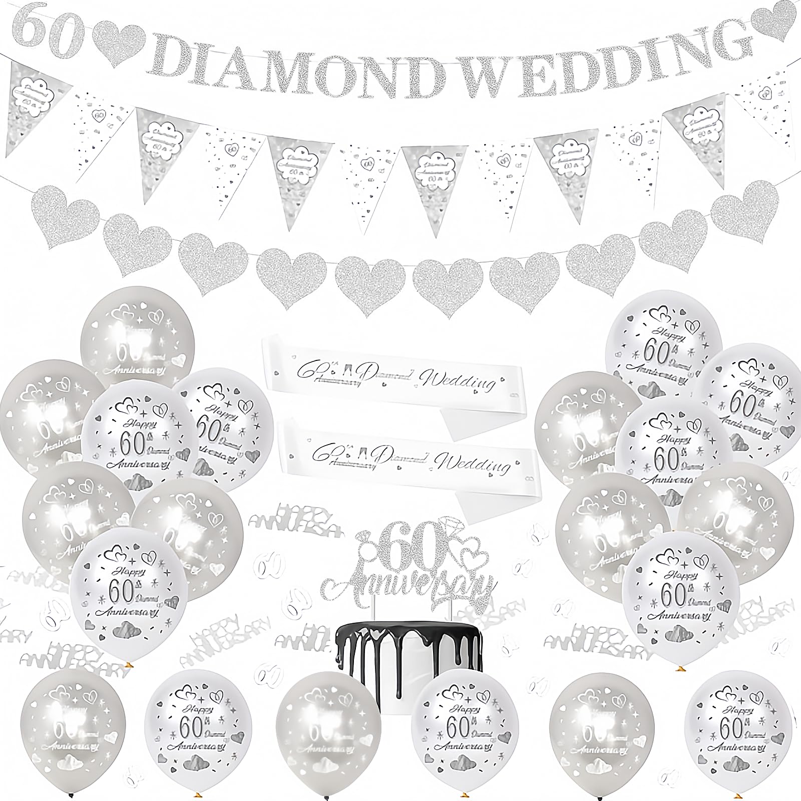 60th Wedding Anniversary Decorations Set,Diamond Weddings Decorations,with Glitter 60 Diamonden Anniversary Banner, Silver White Balloons, Cake Topper,Triangle Flags,Diamond Wedding Party Supplies