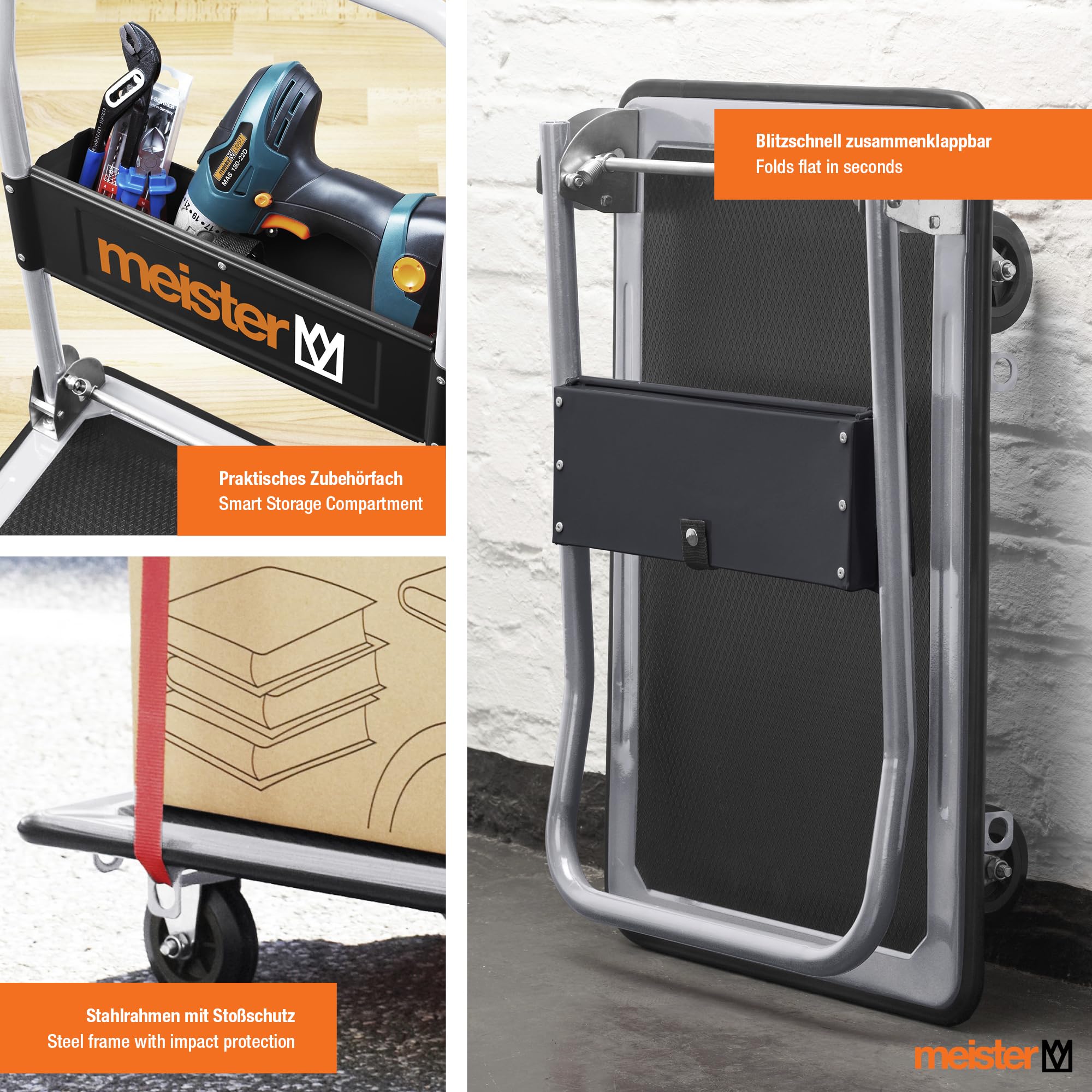 Meister Chariot de plateforme - Pliable - Jusqu'à 300 kg de capacité de charge - Frein de stationnement / Aide au transport avec roulettes pivotantes / Chariot pliable en acier / 8985540