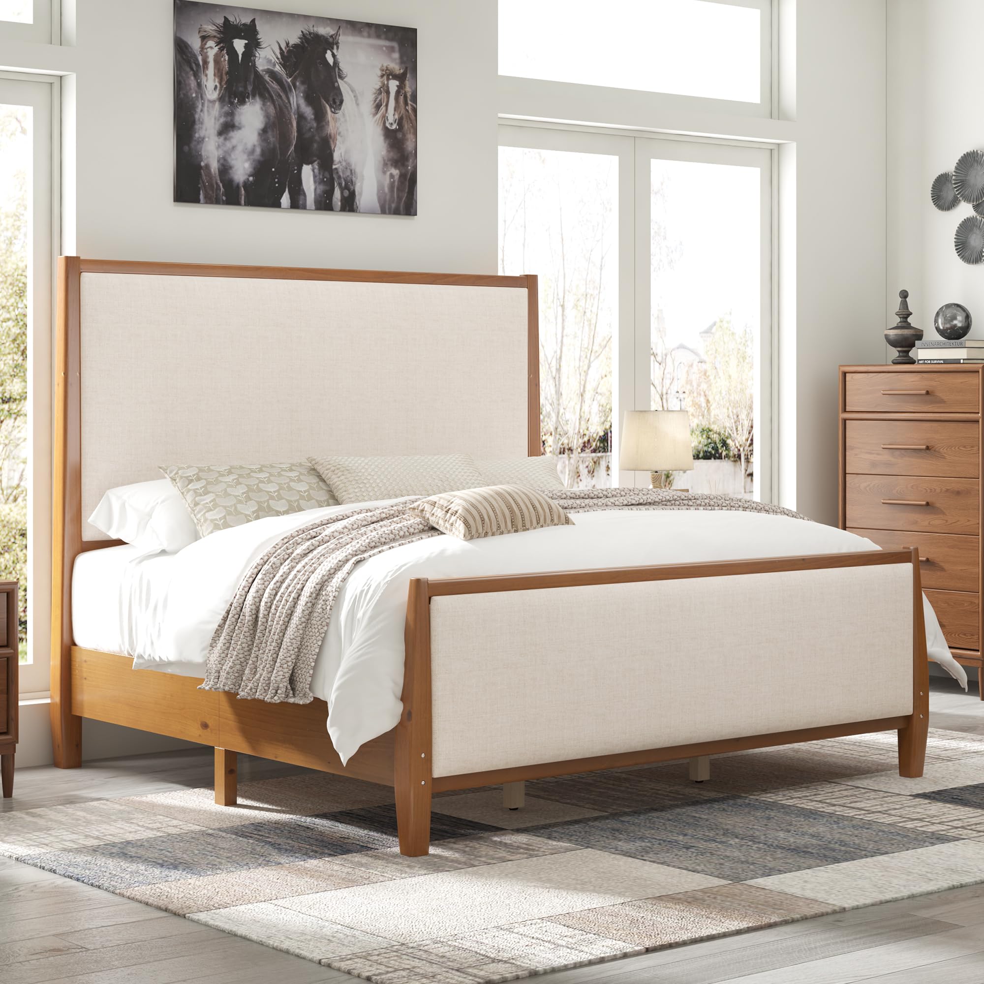 Jocisland 58' Tall Solid Wood King Size Bed Frame with Upholstered Headboard & Footboard