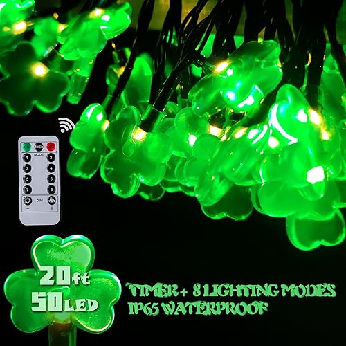 YUEXIAODOU Decoraciones del día de San Patricio, luces de trébol, funciona con pilas, 20 pies, 50 luces LED de la suerte con control remoto, 8 modos