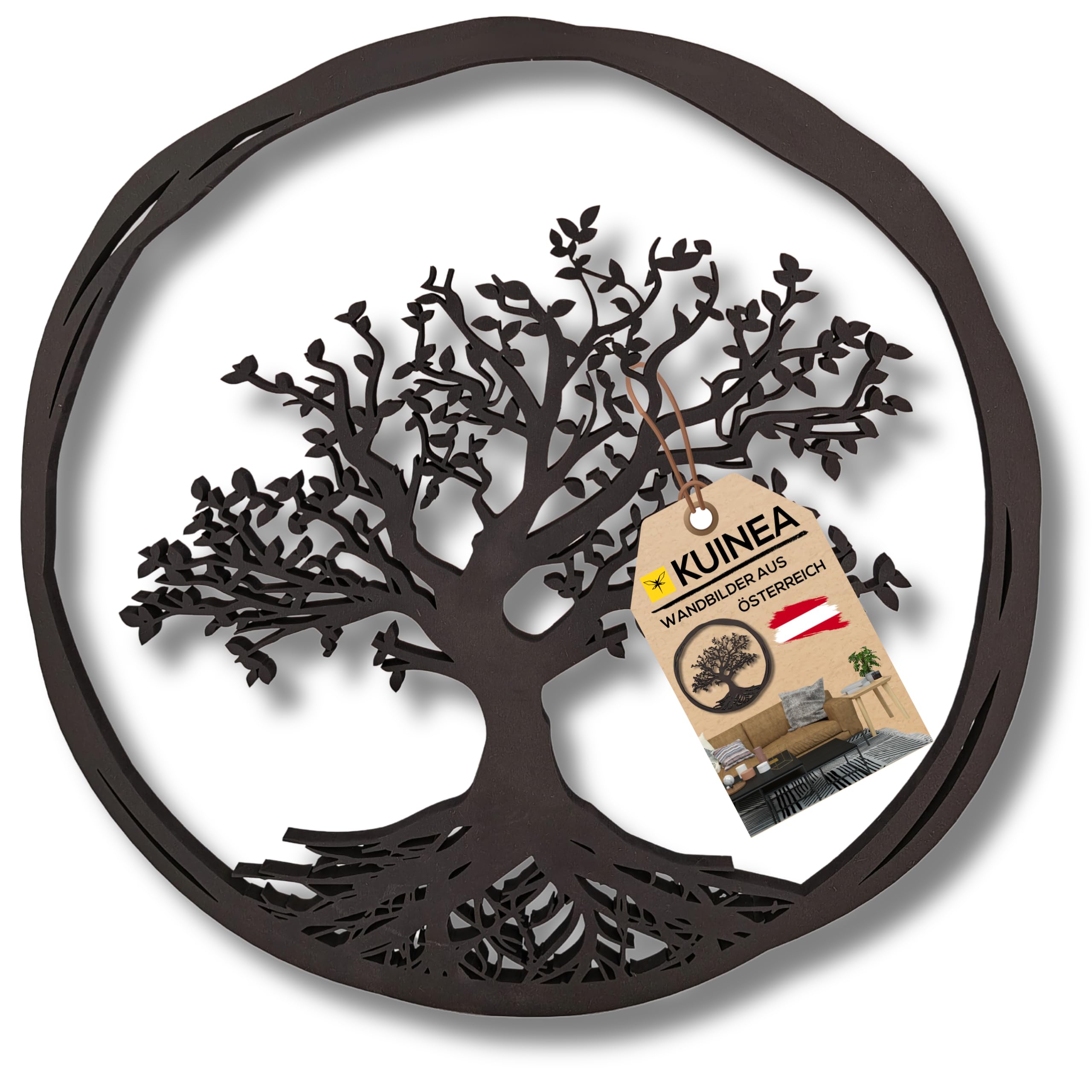 KUINEA® Baum des Lebens Wandbild Ø42cm – Runde Holzdekoration in Anthrazit für Wohnzimmer, Schlafzimmer & Büro | Moderne Natur-Deko aus MDF Holz