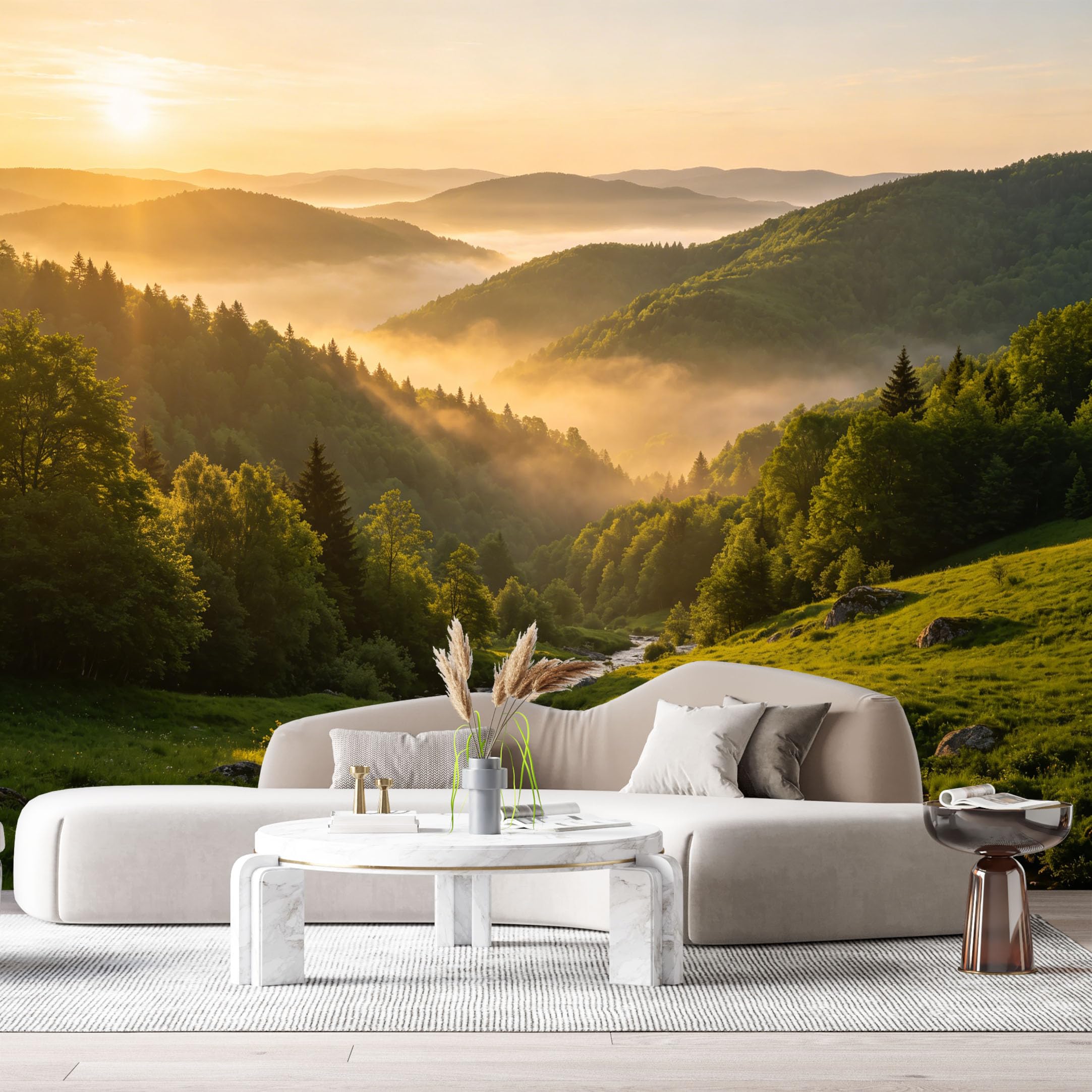 Custom Size Wall Murals Sunrise Mountain Landscape River Valley Forest Oil Painting SelfAdhesive Wall Fabric Removable Large Wallpaper for Photo Living Room