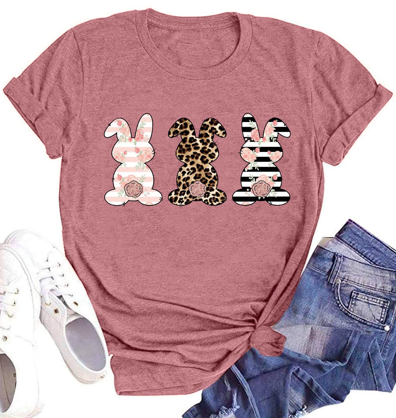 MEESHEEPLeopard Easter Bunny T-Shirt for Women Floral Striped Rabbit Shirts Easter T Shirs Cute Bunny Tee Tops
