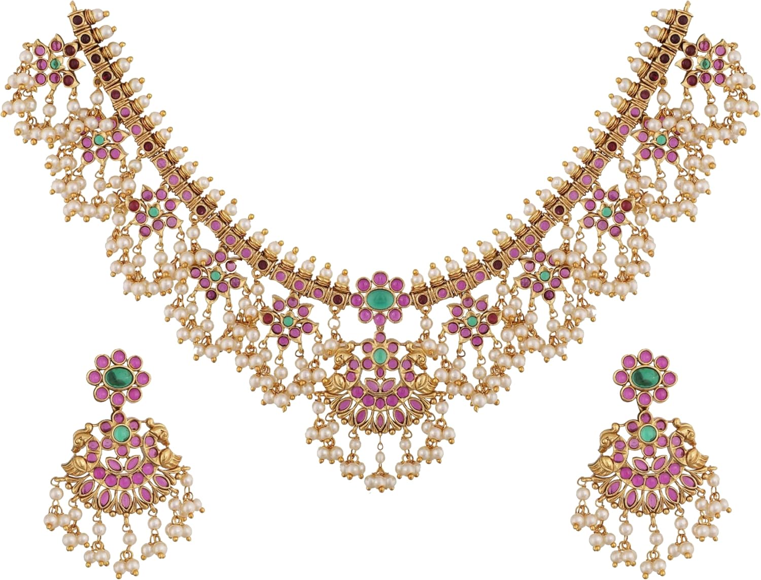 TARINIKA Gold Plated Brass Classic Pearls Guttapusalu Antique Necklace Set for Women With Earrings, Indian Jewelry Set Bollywood Necklace, CZ Stones(White,Red,Green) | 1-Year Warranty*