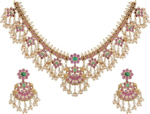 TARINIKA Gold Plated Brass Classic Pearls Guttapusalu Antique Necklace Set for Women With Earrings, Indian Jewelry Set Bollywood Necklace, CZ StonesWhite,Red,Green | *
