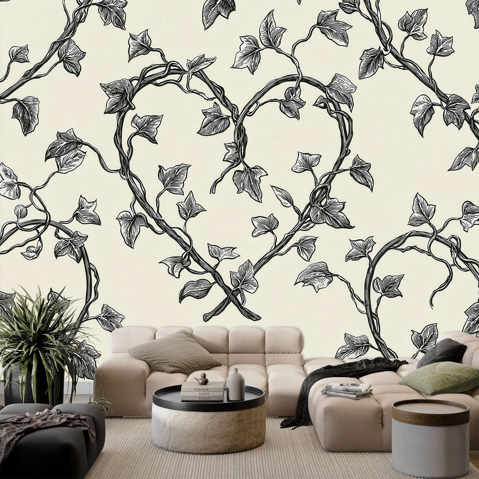 Akwarela rozpryskowa fototapeta 450 x 315 cm mural ścienny, beżowa fototapeta roślina w kształcie serca bluszcz salon sypialnia motyw hotelu sofa tło telewizora dekoracja papierowa fototapeta