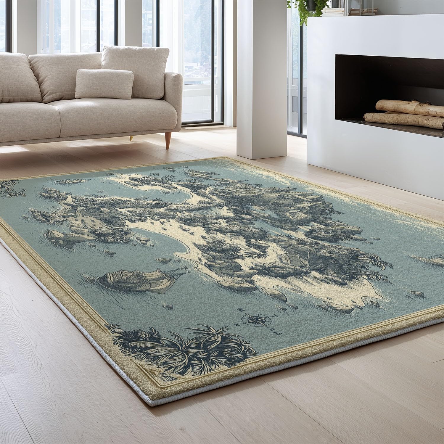 Generico Tappeti stampati 160 x 230 cm, Vintage classico Tappeto antiscivolo Montagna spiaggia giungla linee mappa Studio sala giochi, Tappeti lavabili, Blu grigio