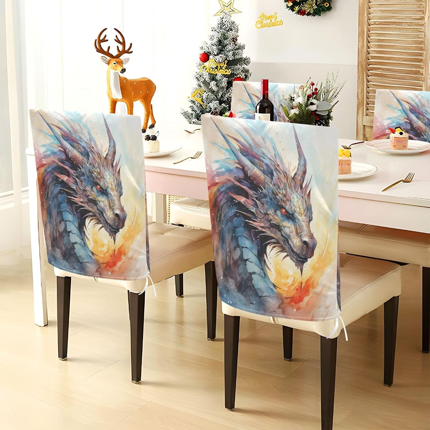 ALAZA Dragon Art Chair Back Cover Set of 6, Washable Reusable Removable Chair Slipcovers Decorative Chair Cover for Home Kitchen Wedding Party