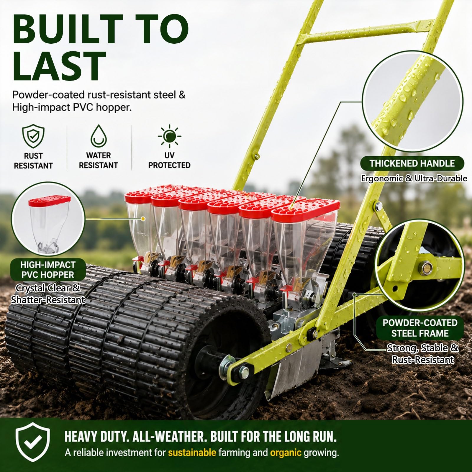 Handsämaschine für Garten, 1-6 Reihig Präzisions-Gemüsepflanzer, Manuelle Sähilfe mit 4 Zahnrädern für Abstandsregelung, Robustes Metall Sägerät für Mais Bohnen(1-Row)