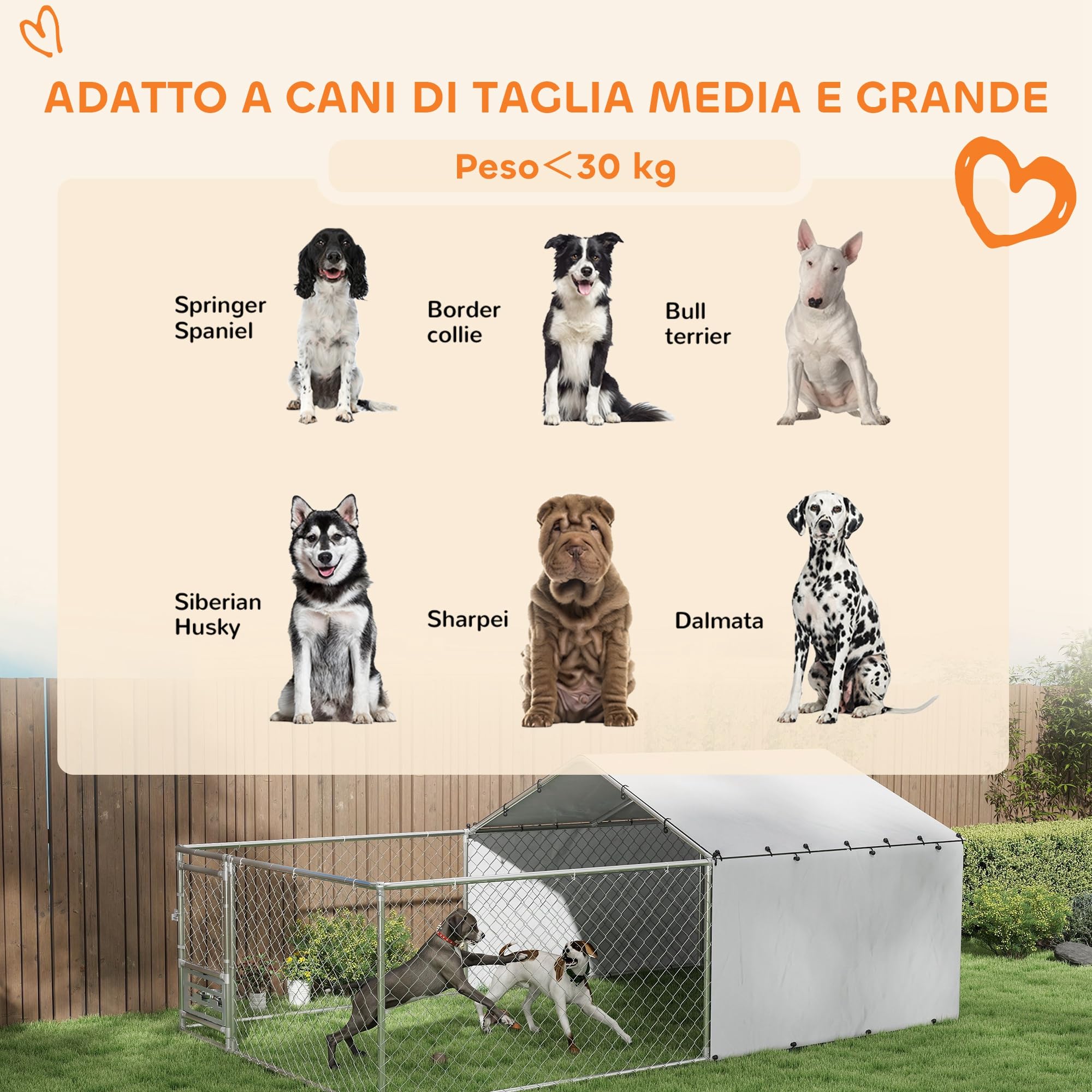 PawHut Kennel Clôture pour chiens d'extérieur avec toit anti-UV imperméable et bols rotatifs, boîte de rangement pour chiens de taille moyenne et grande avec porte avec verrouillage en acier, 400 x