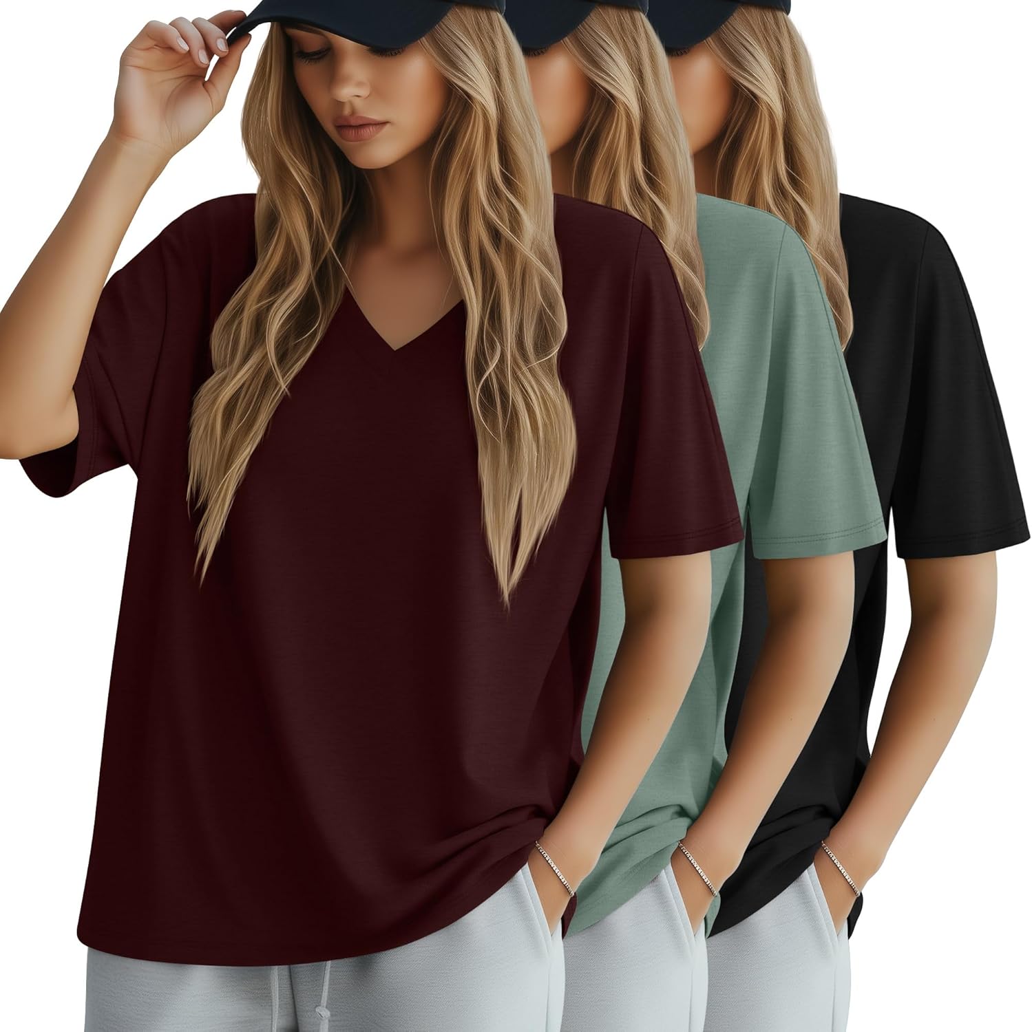 Huukeay 3 Pack Women's Oversized Cotton T-Shirts V Neck Loose Fit Casual Workout Tees Soft Short Sleeve Tops