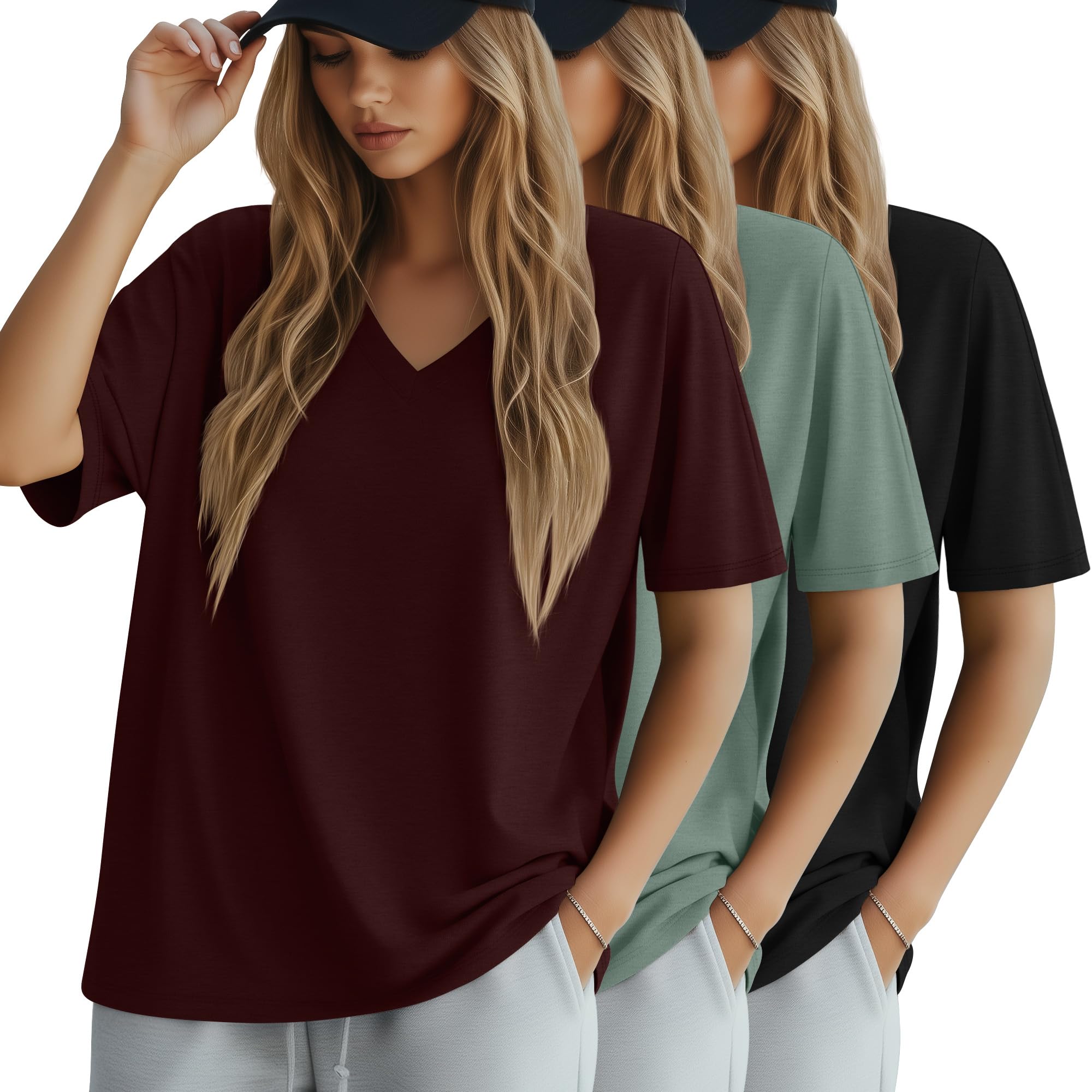 Geyoga 3er-Pack Damen-Oversize-Baumwoll-T-Shirts V-Ausschnitt Locker Geschnitten Sport-T-Shirts Kurzarm-Oberteile