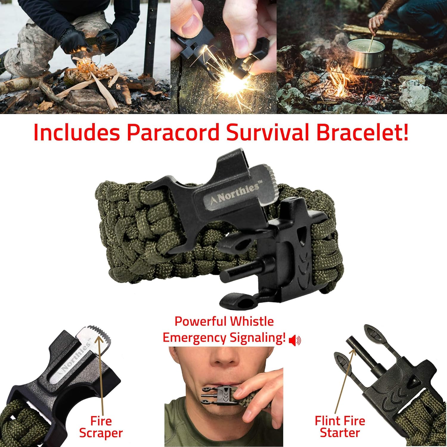 Combo Pack Military Lensatic Sighting Compass and Paracord Survival Bracelet, Fire Starter, Whistle, Aluminum Alloy, Waterproof, Carrying Bag, Tactical Outdoor Gear for Camping and Hiking