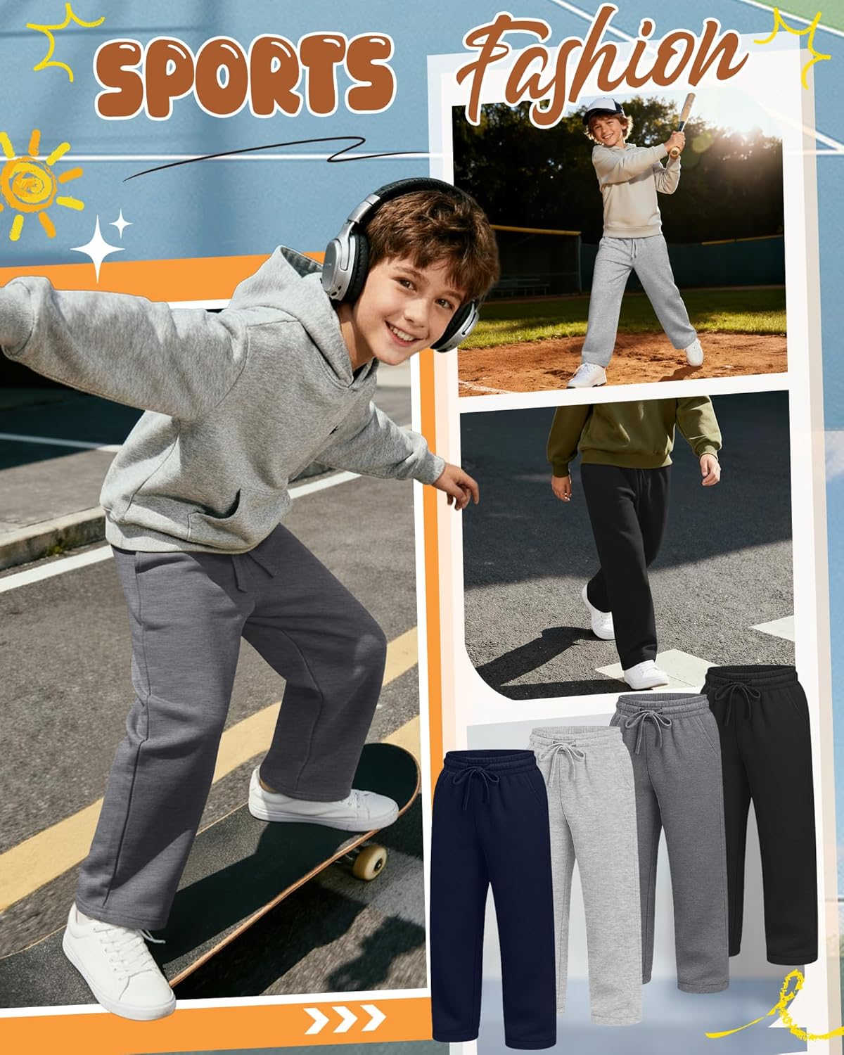 4 Pack Boys Baggy Sweatpants Straight Leg Open Bottom Casual Pants Basic Elastic Waist Athletic Kids Joggers - Image 5
