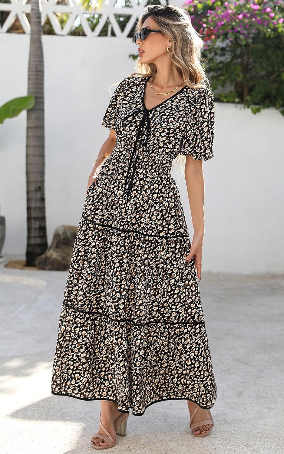 PRETTYGARDEN Women Summer Boho Maxi Dresses 2025 V Neck Puff Short Sleeve A-Line Flowy Tiered Floral Wedding Guest Dress - Image 6