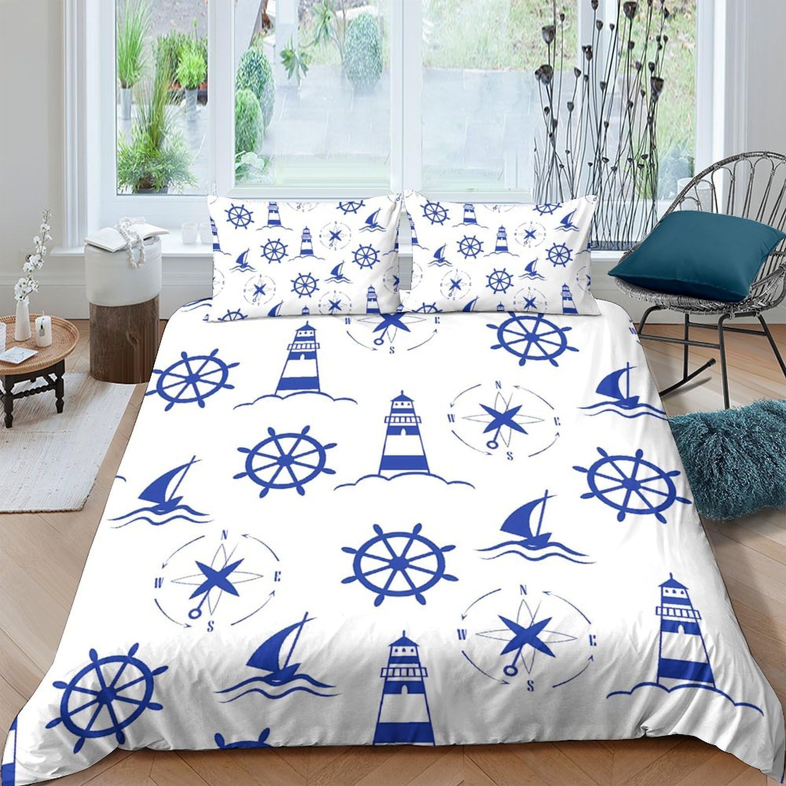 Ctjqhvkz Style-5 3D Printed Nautical Lighthouse Fitted Sheet Microfiber Soft Blue Maritime Sailboat Bed Cover For Bedroom Guest Room Single（135X200cm）