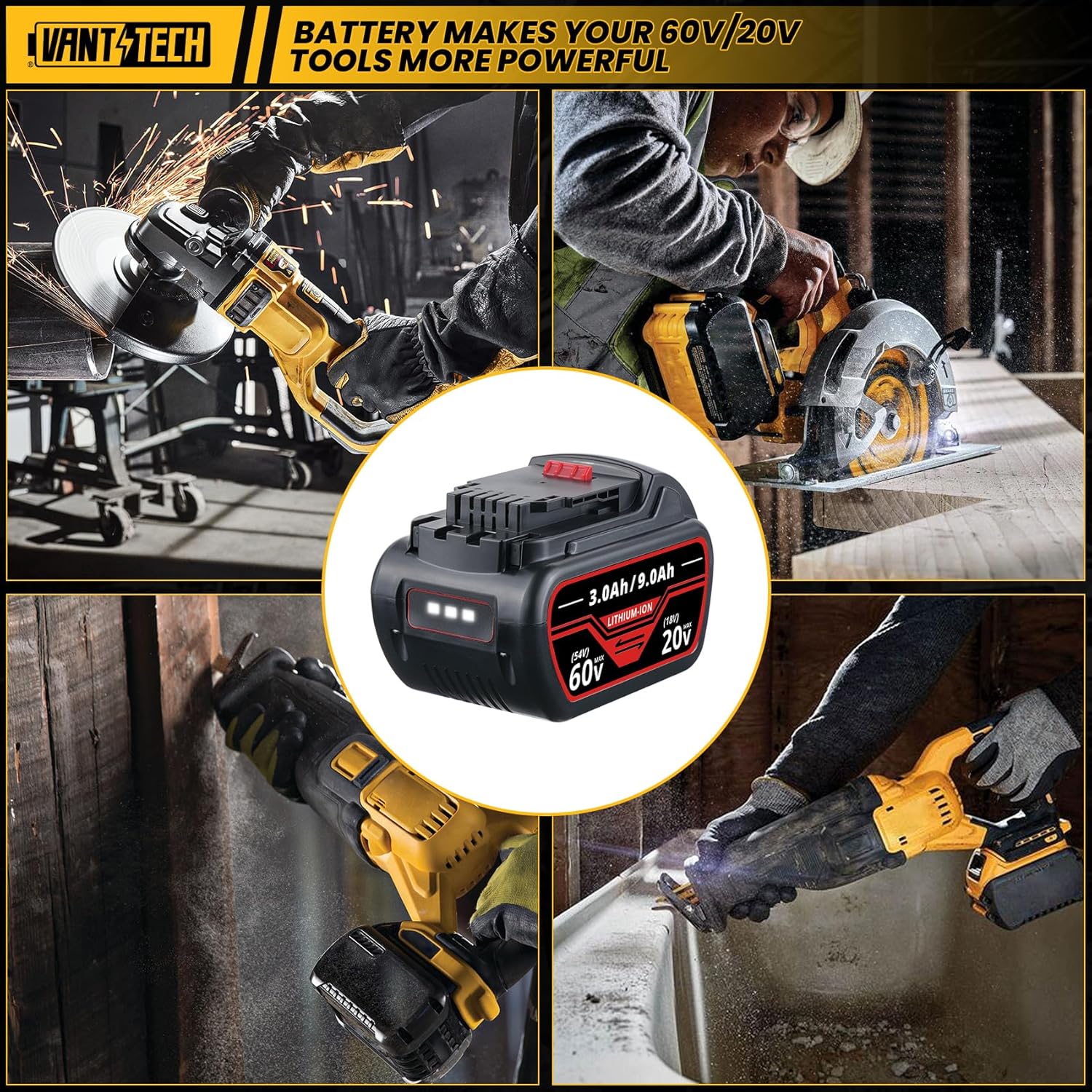 VANTTECH 2Pack 9.0Ah DCB606 Lithium ion Battery Replacement for DeWalt 20V/60V MAX Compatible with DeWalt 20V/60V DCB606 DCB612 DCB606-2 DCB609 DCB609-2 DCB204 DCB205 DCB206 Cordless Power Tools