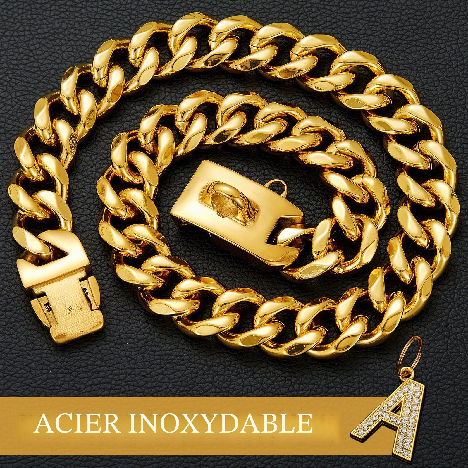 Collier doré pour chien avec pendentif, collier en métal et acier inoxydable de 19 mm de large, maille lourde cubaine, colliers robustes et résistants à la mastication pour chiens de taille moyenne et