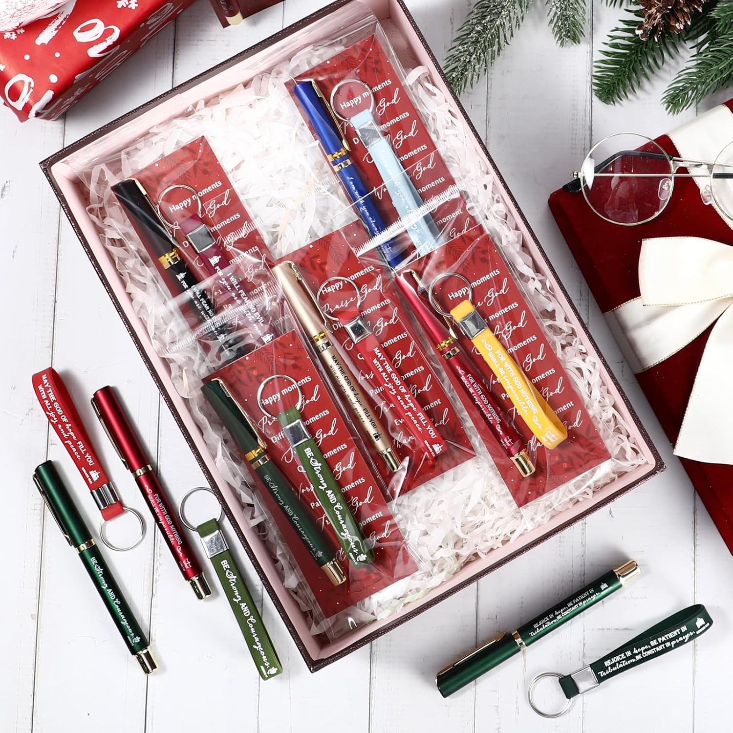 Lincia 30 Sets Christian Gift Bulk Religious Pen Books of The Bible Bookmark Religious Silicone Keychains Christian Stocking Stuffers for Church Sunday School Teacher Family Men Women