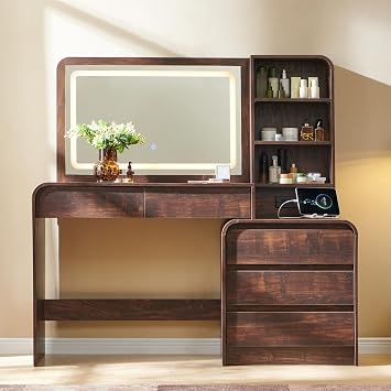 Aitjunz Vanity Desk with Mirror and Lights, 50 Modren Makeup Vanity with 35.43 Mirror and 5 Drawers, Makeup Table with Charging Station for Women and Girls, Bedroom (Brown)