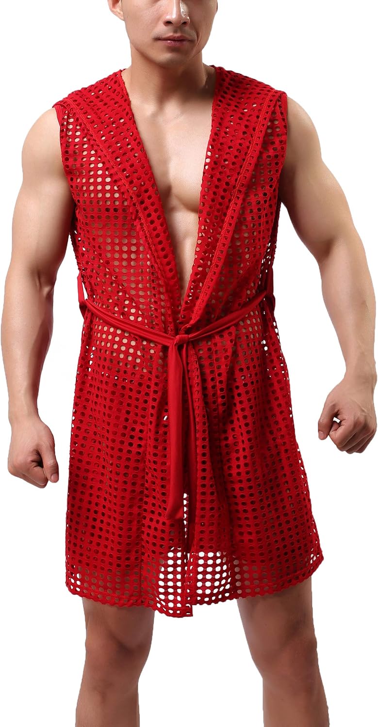 Mens Sexy See Through Towel Bath Robe Hooded Mesh Transparent Bathrobe