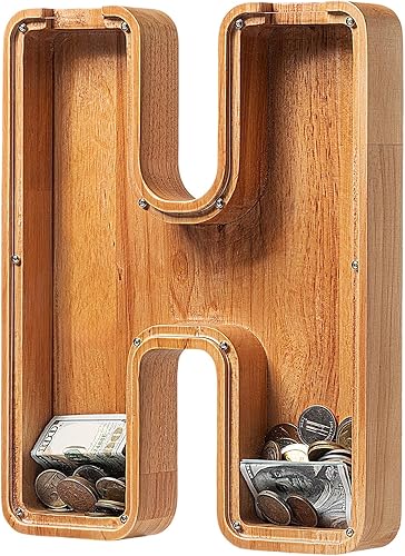 Miniatura 93 de Alcancía para niños y niñas, alcancía grande de madera personalizada con diseño recortado, bancos de monedas con letras del alfabeto, caja de ahorro