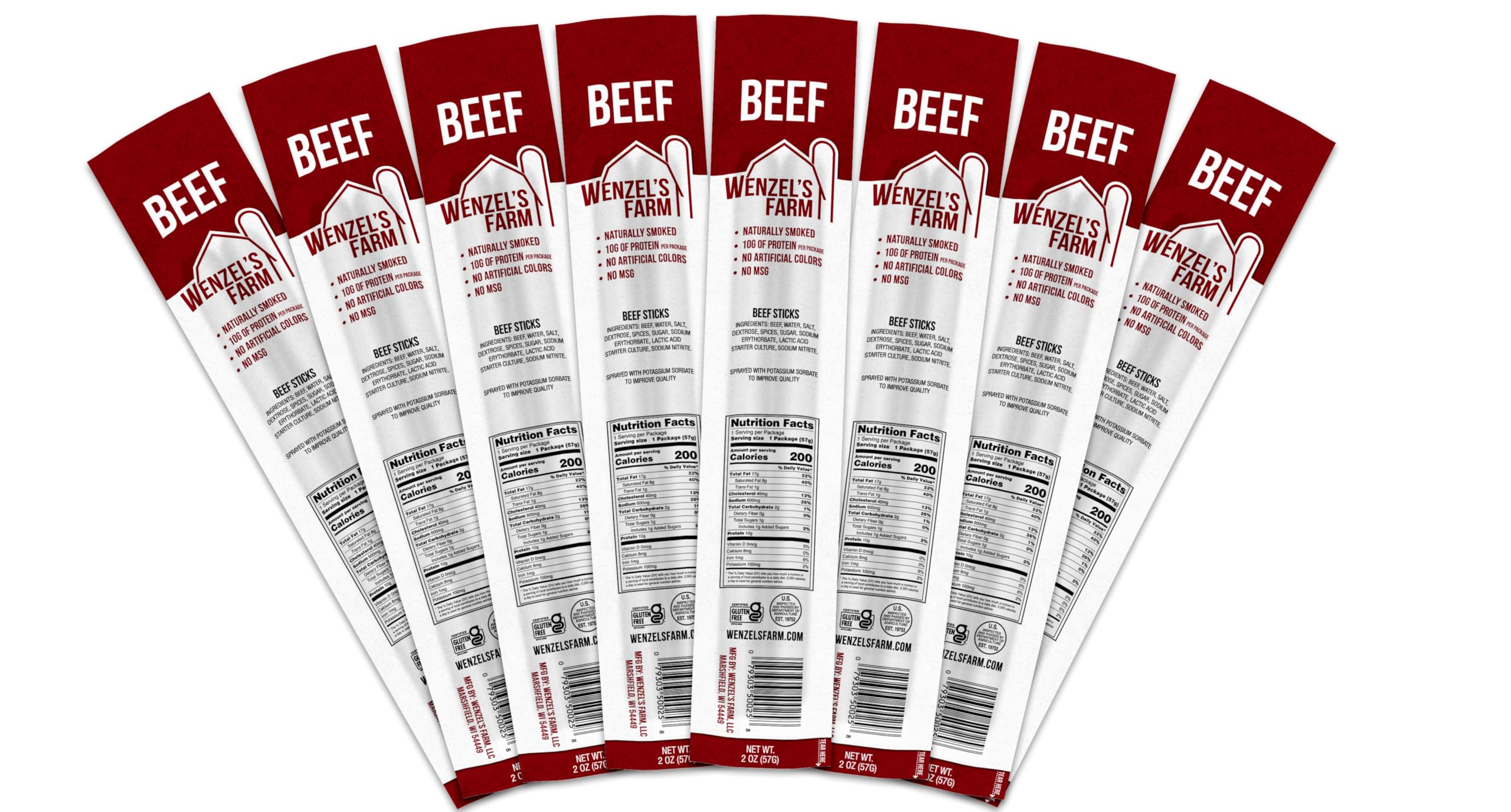 Wenzel’s Farm Beef Sticks │Made in the USA Snack Sticks│ Flavorful, Natural Smoked │ High Protein, Low Carb │ No MSG, Fillers, Binders, Artificial Colors │ Gluten Free | 16 sticks (8 packs of 2)