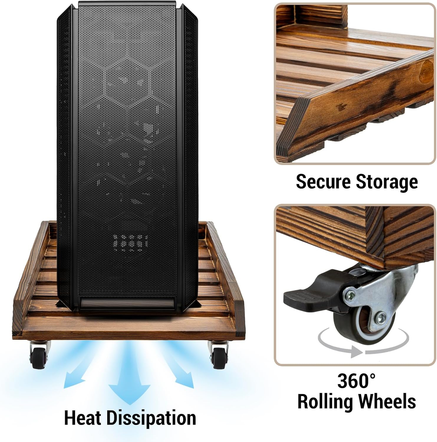 MyGift Rustic Solid Wood CPU Tower Stand – Deluxe PC Holder with Rolling Lockable Caster Wheels, Computer Case Floor Stand