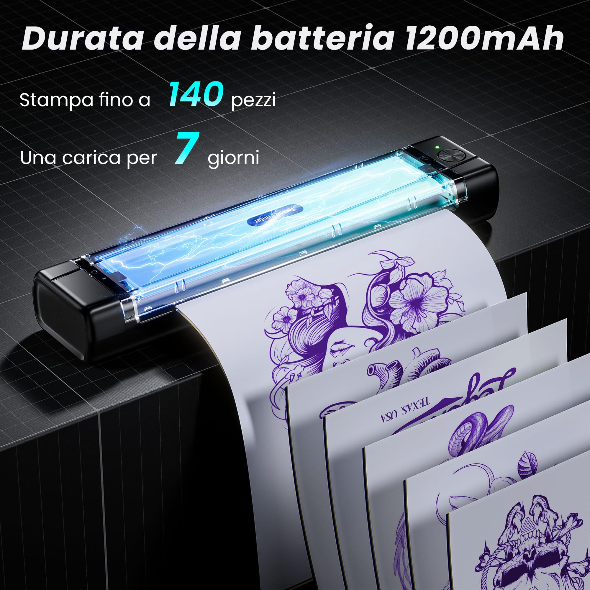 TATTMUSE Stampante Stencil Tattoo, Stampante Termica Tattoo con 10 Fogli di Carta Transfer per Tatuaggi, Stencil Machine per Artisti e Principianti, Bluetooth Compatibile con Smartphone & Tablet