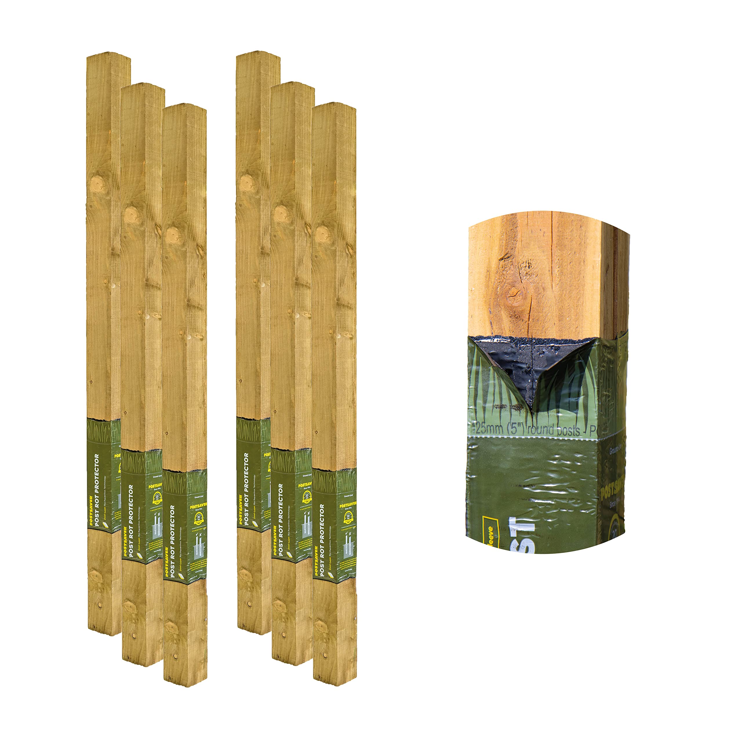 Postsaver Rot Protected Wood Fence Post 4x4" | Pressure-Treated Timber Post for Gardening | Decay-Protected with Postsaver Dual-Layer Rot Protector | 20-Year Guarantee | Pack of 6 | 8 Ft. Long