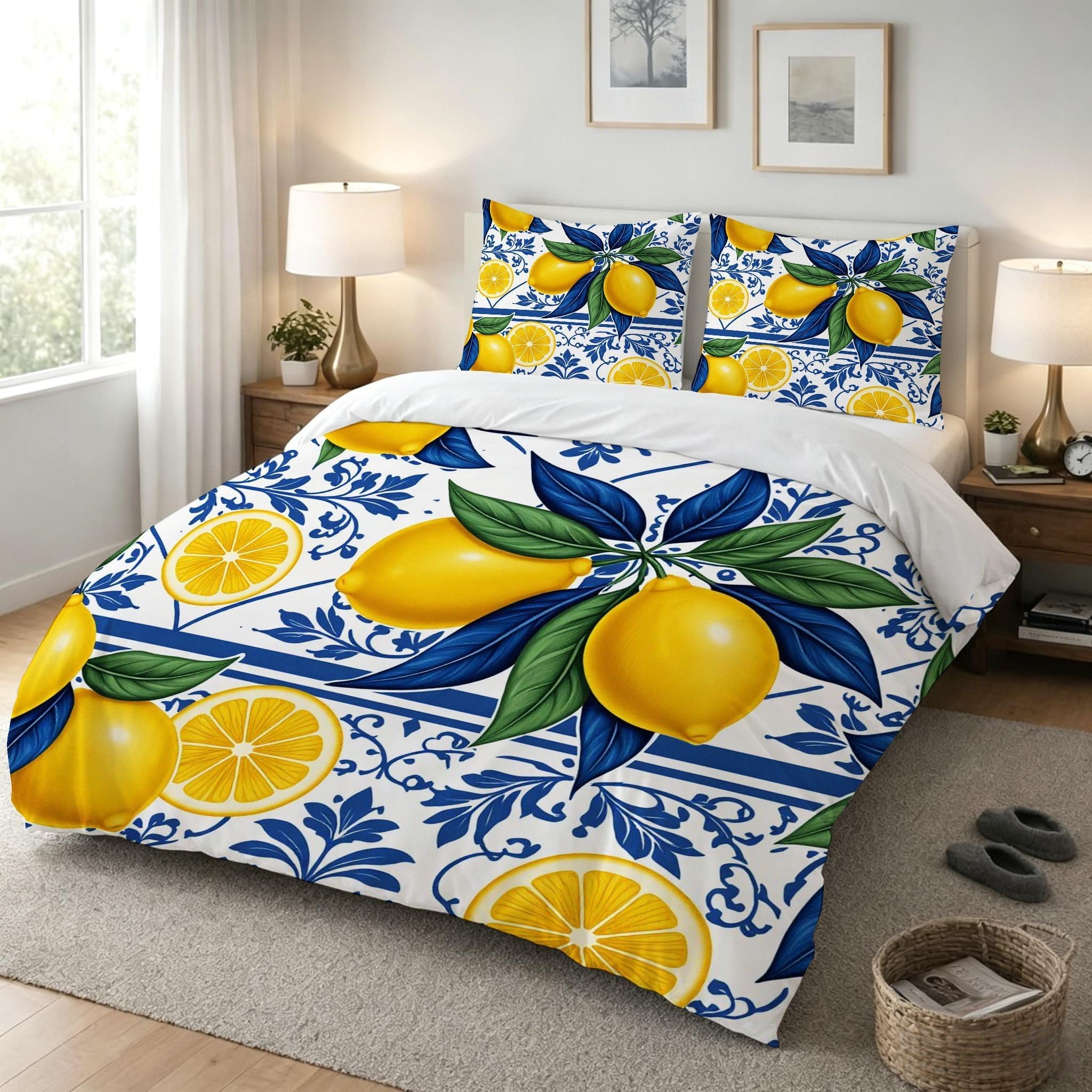Copripiumino Matrimoniale Limone Giallo 260x240, ZQ7938 | Traspiranti Durevoli Microfibra, per Tutta la Famiglia, Matrimoniale, per Tutte le Stagioni, con 2 Federe 50x80 cm
