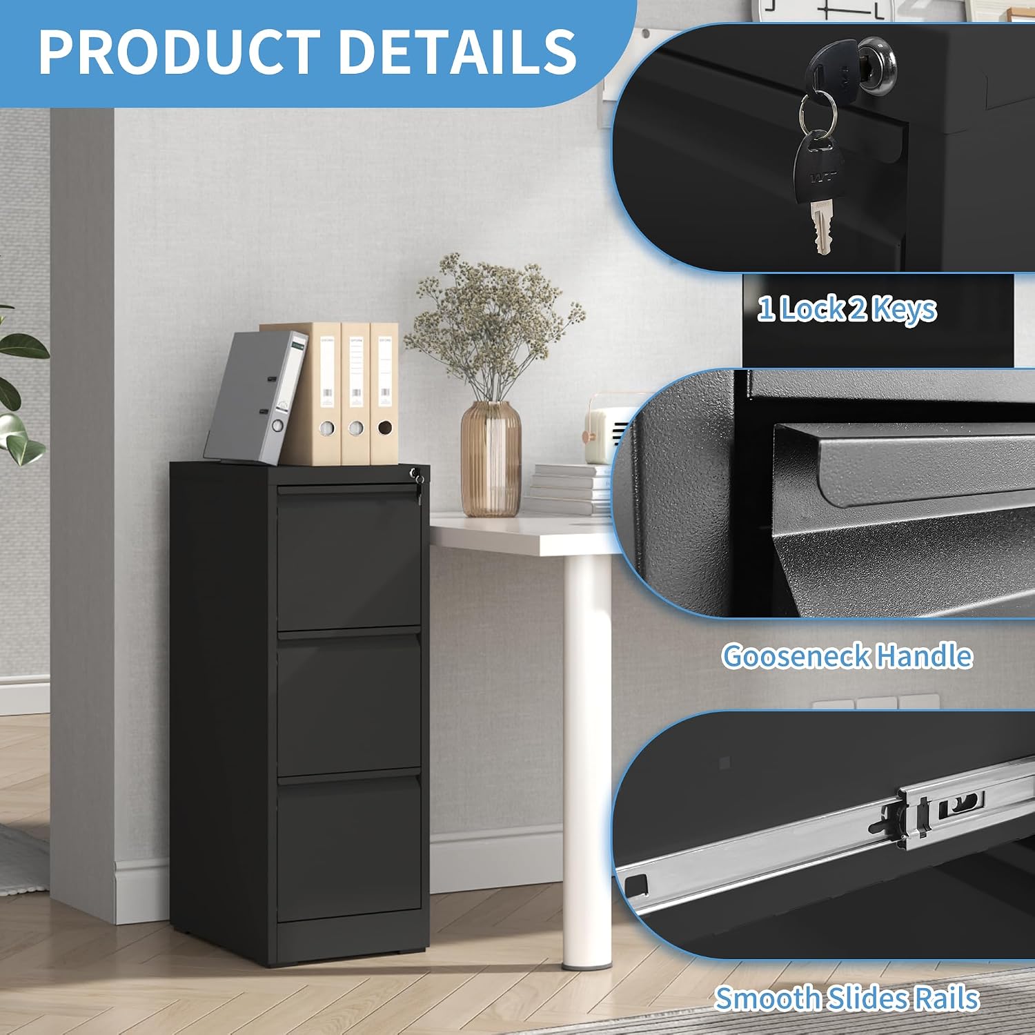 AQY 3 Drawer File Cabinet with Lock, Metal Filing Cabinets for Home Office, 18" Deep Vertical Storage Drawer for Hanging A4/Letter/Legal Size Files, Assembly Require