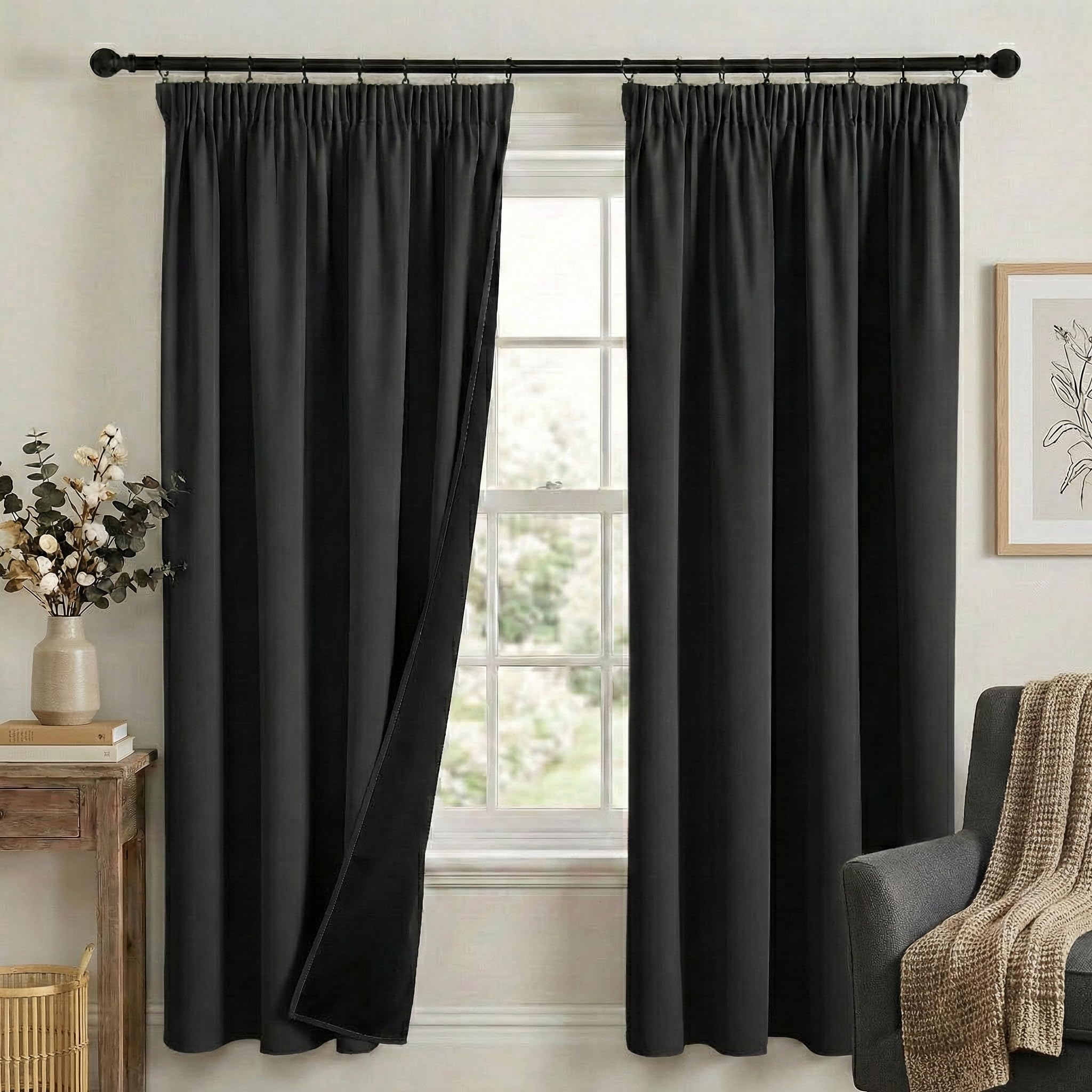 PONY DANCE 100% Blackout Curtains for Bedroom, Pencil Pleat Thermal Curtains, Rod Pocket Full Black Out Drapes with Black Liner for Living Room, 52 x 72 Inch, Black,2 Panels