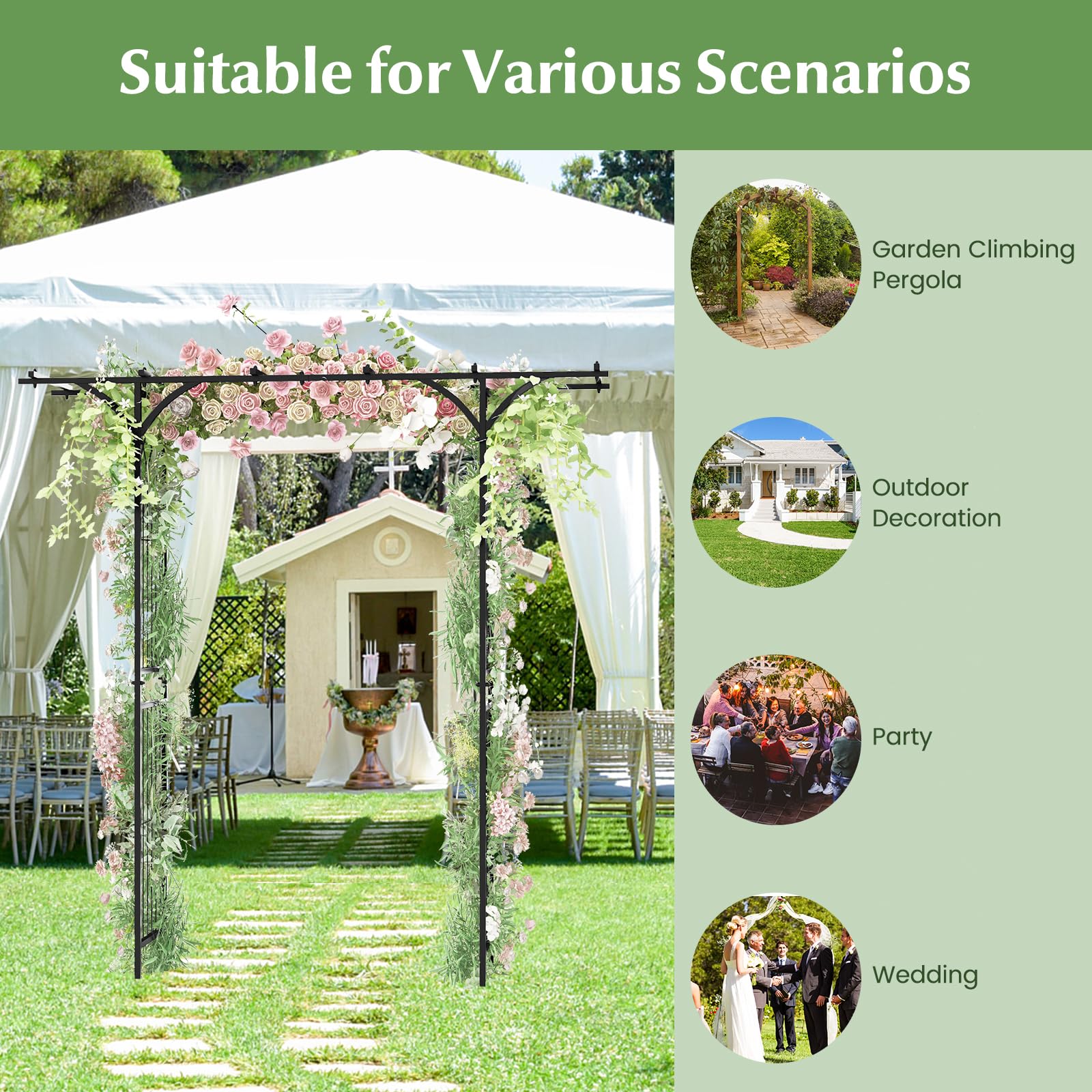 Arco Per Rose In Metallico Con Porta E Vasi - Traliccio Decorativo 202x50x220 Cm Nero - Foto 7